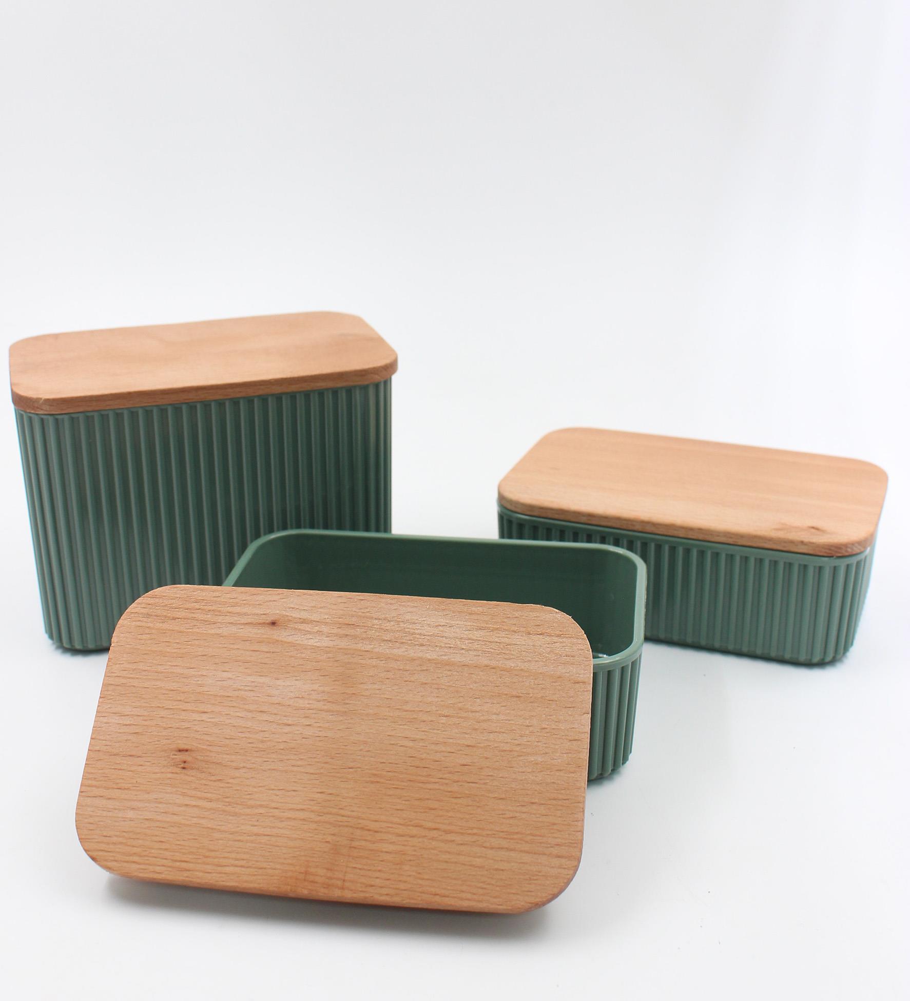 Ahşap Kapaklı 3'lü Kavanoz Saklama Kabı Yeşil Renk