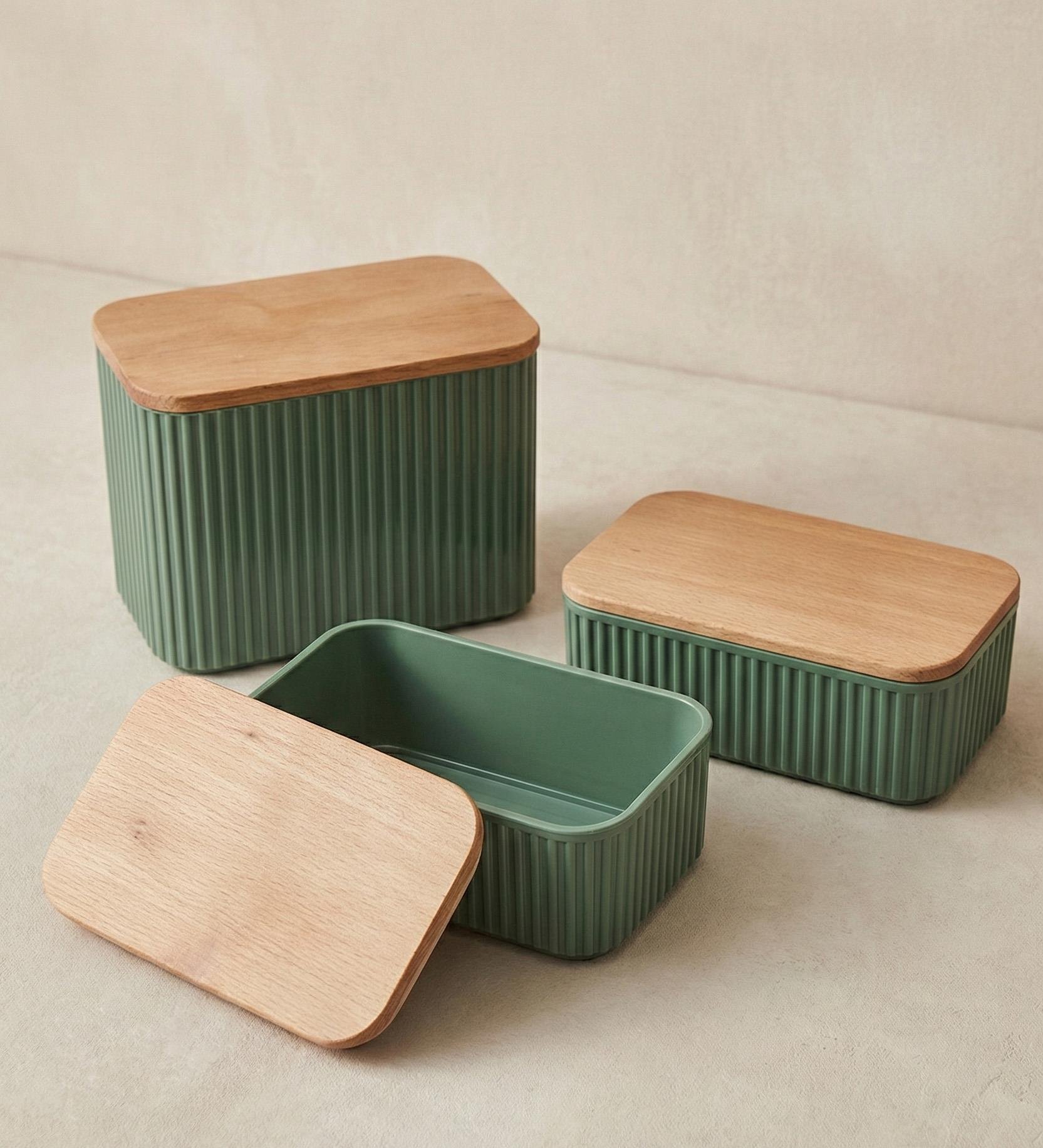 Ahşap Kapaklı 3'lü Kavanoz Saklama Kabı Yeşil Renk