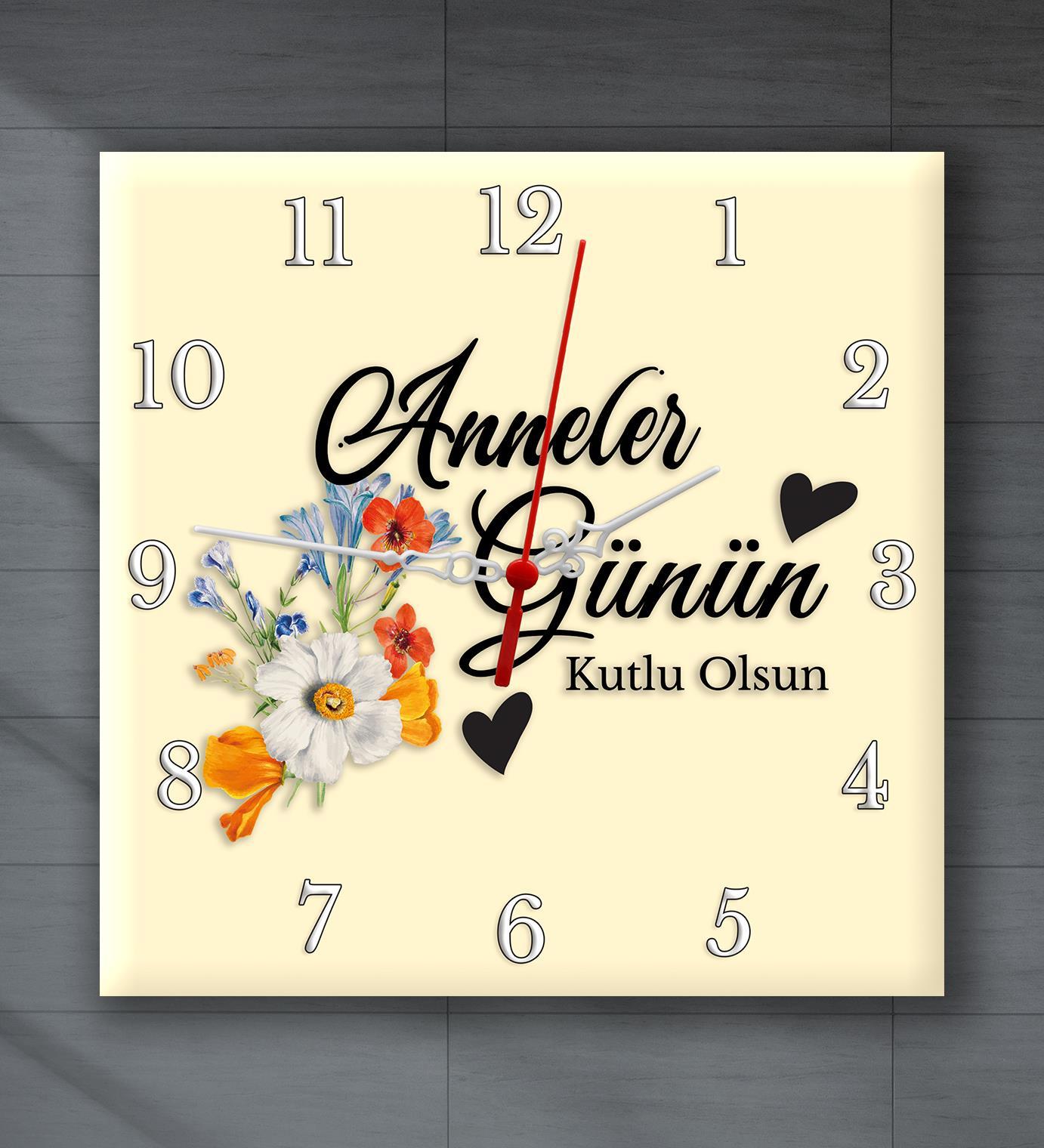 Anneler Gününe Özel Çiçekli Kare Duvar Saati 20cm Anneye Hediye T2