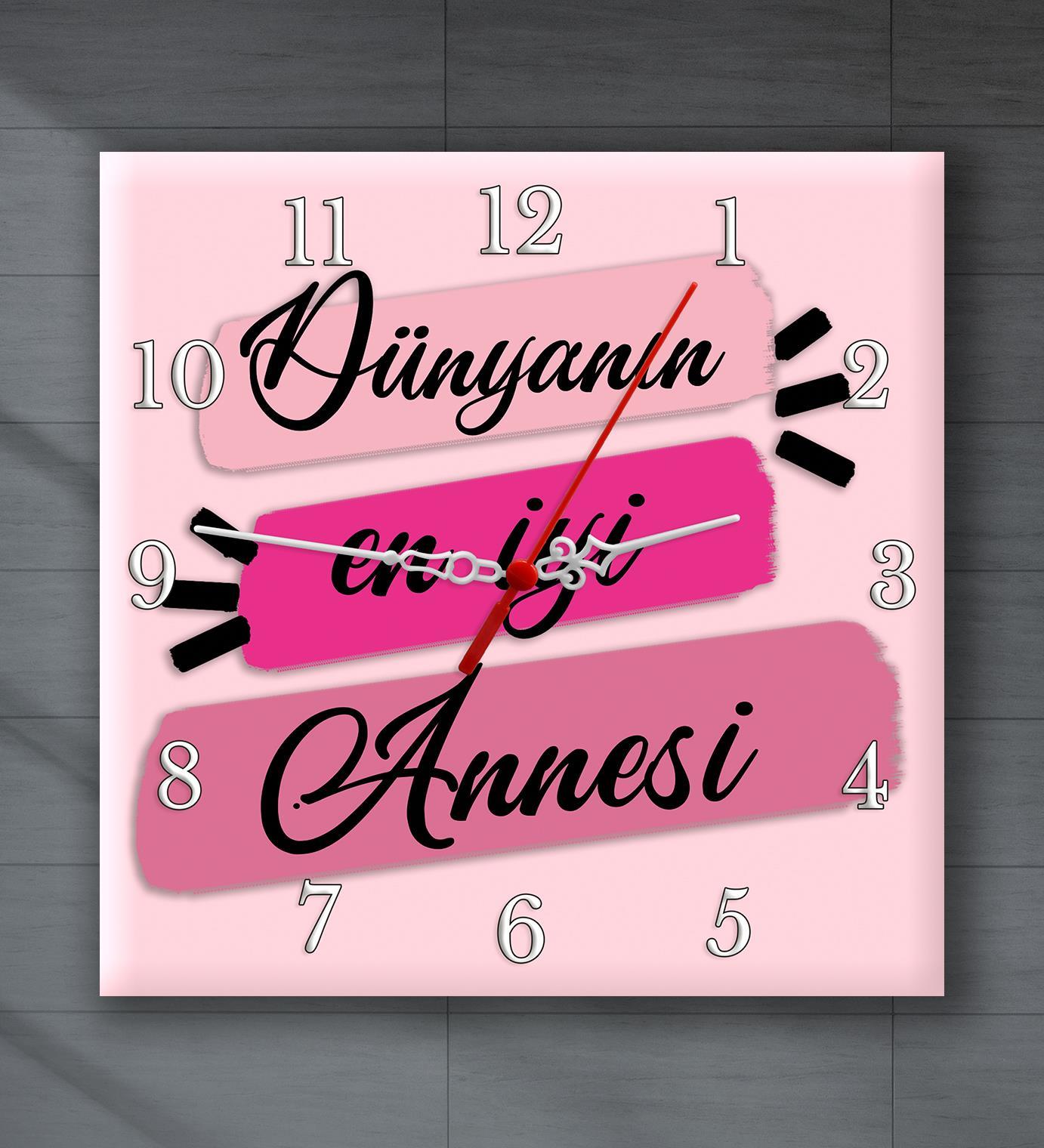 Anneler Gününe Özel Dünyanın En İyi Annesi Baskılı Kare Duvar Saati 20cm Anneye Hediye T1
