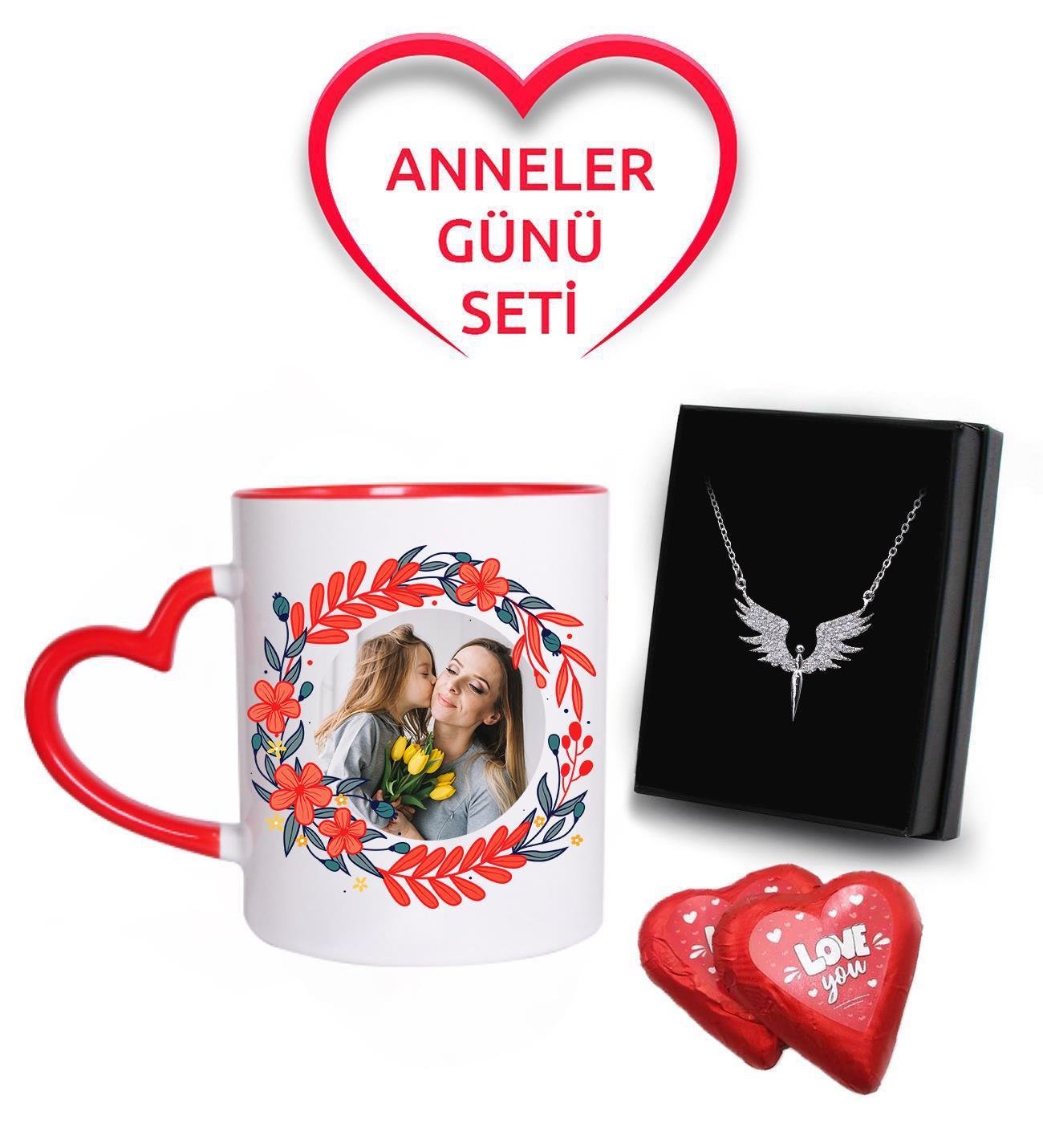 Anneler Gününe Özel Kişiye Özel Fotoğraflı Kupa & Gümüş Kaplama Mikail Melek Kolye & 2 Adet Kalp Çikolata Hediye Seti