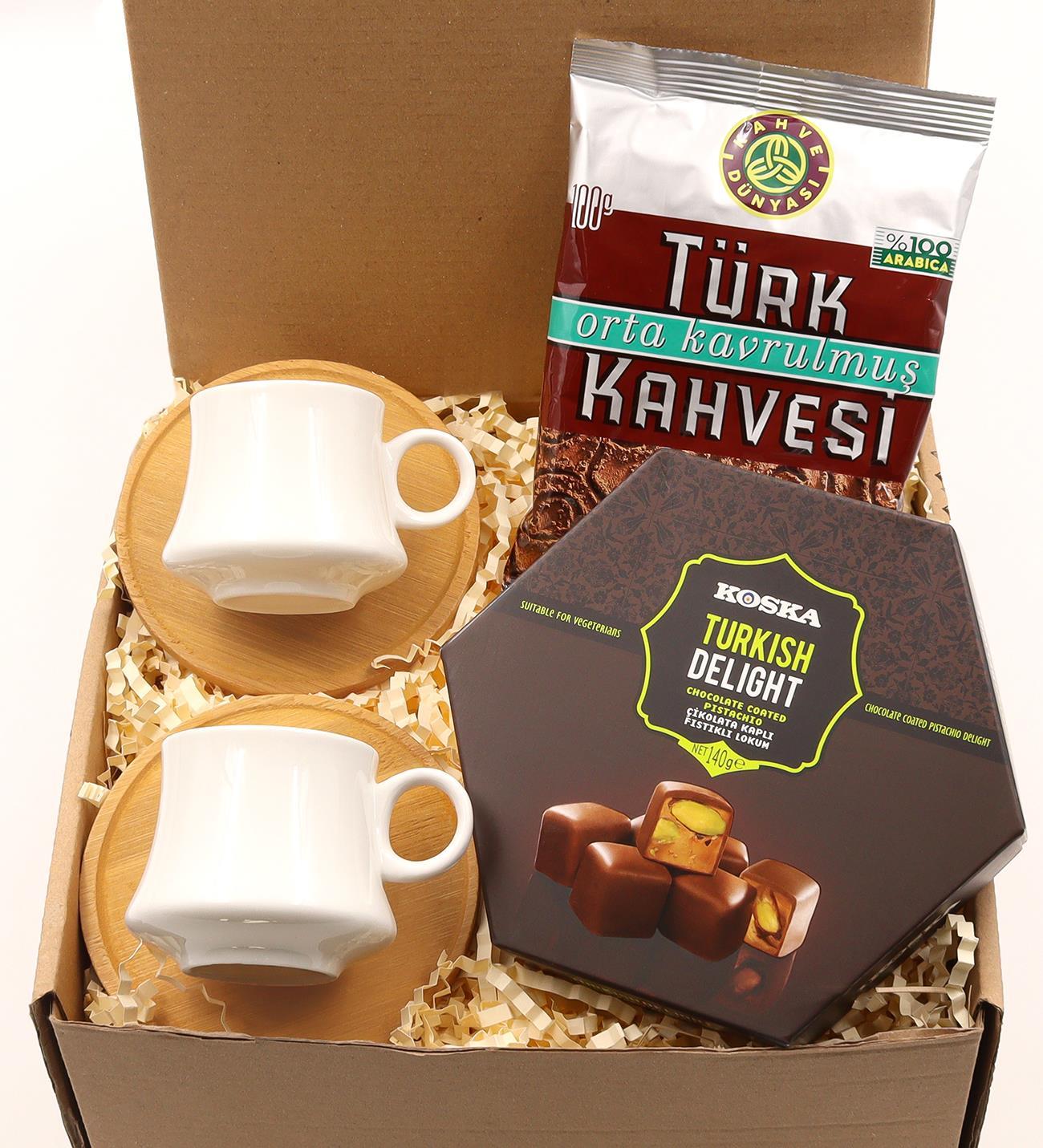Bambu Tabaklı Beyaz 2'li Fincan Takımı & Koska Lokum & Kahve Dünyası Taze Türk Kahvesi Hediye Seti
