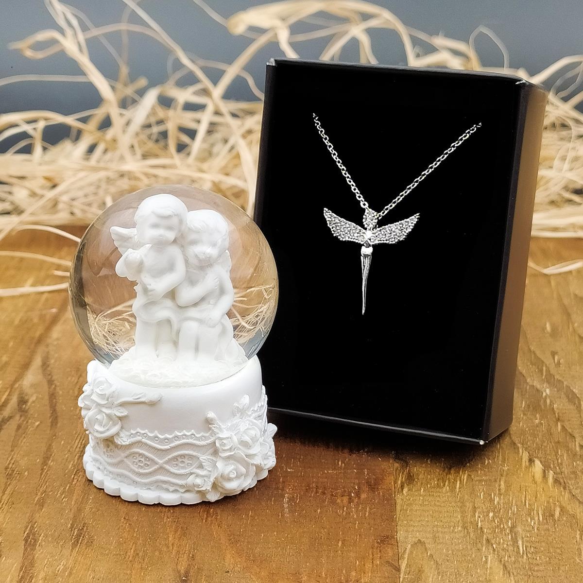 Beyaz Mini Melek Kar Küresi & Melek Kolye Hediye Seti