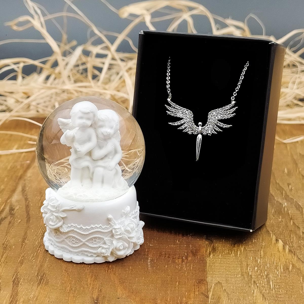 Beyaz Mini Melek Kar Küresi & Mikail Melek Kolye Hediye Seti