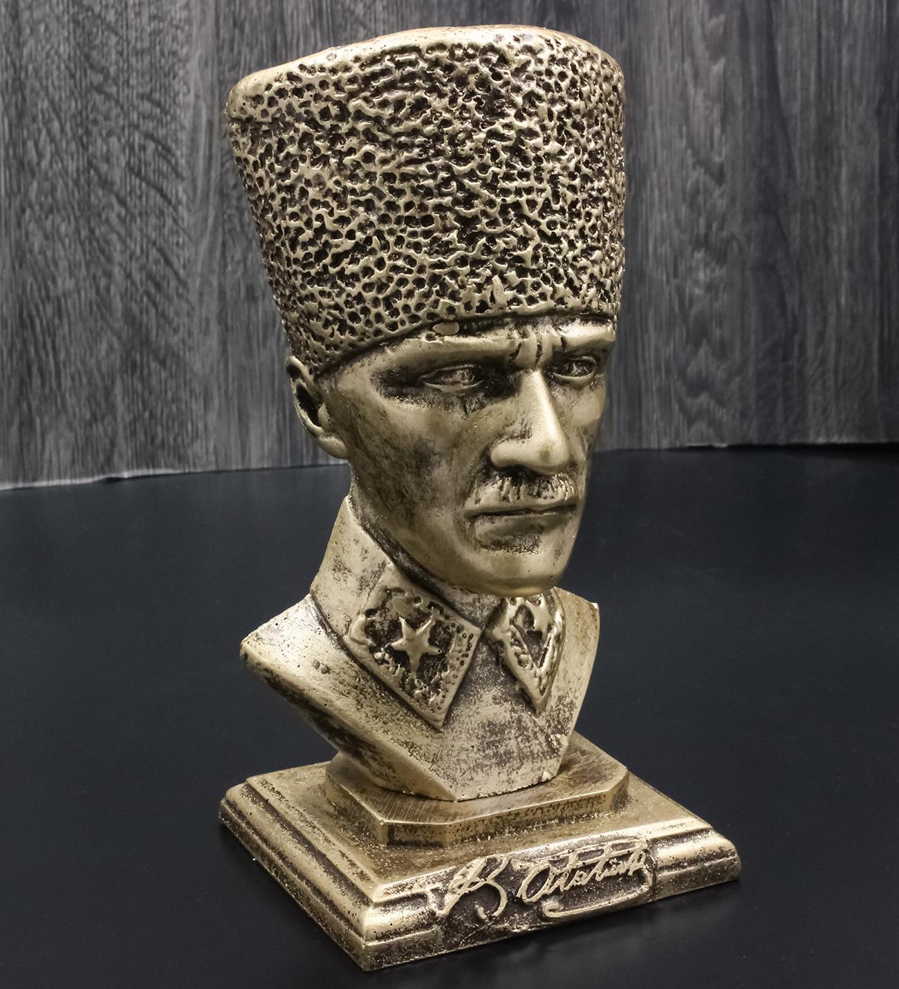 Dekoratif Gold Renk Polyester Mustafa Kemal Atatürk Büst Biblo Heykel Büyük Boy 21x11x9cm