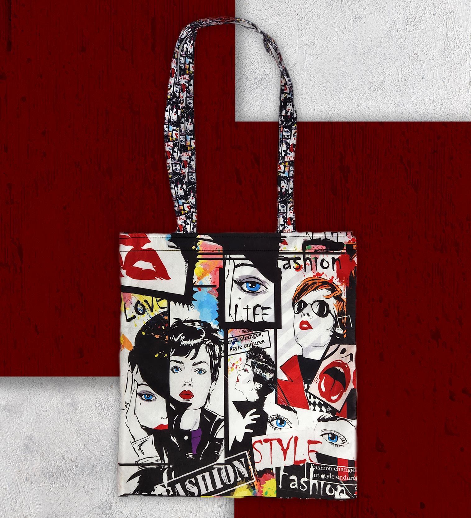 Dergi Tasarımlı Baskılı Kumaş Bez Çanta Tek Bölmeli Kol ve Omuz Çantası