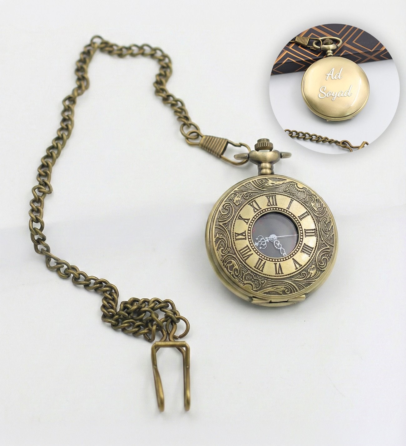 Erkek SaatleriKişiye Özel Köstekli Cep Saati İsim Yazılı Zincirli Vintage Tasarım Gold Renk - Babalar Günü Hediyesi