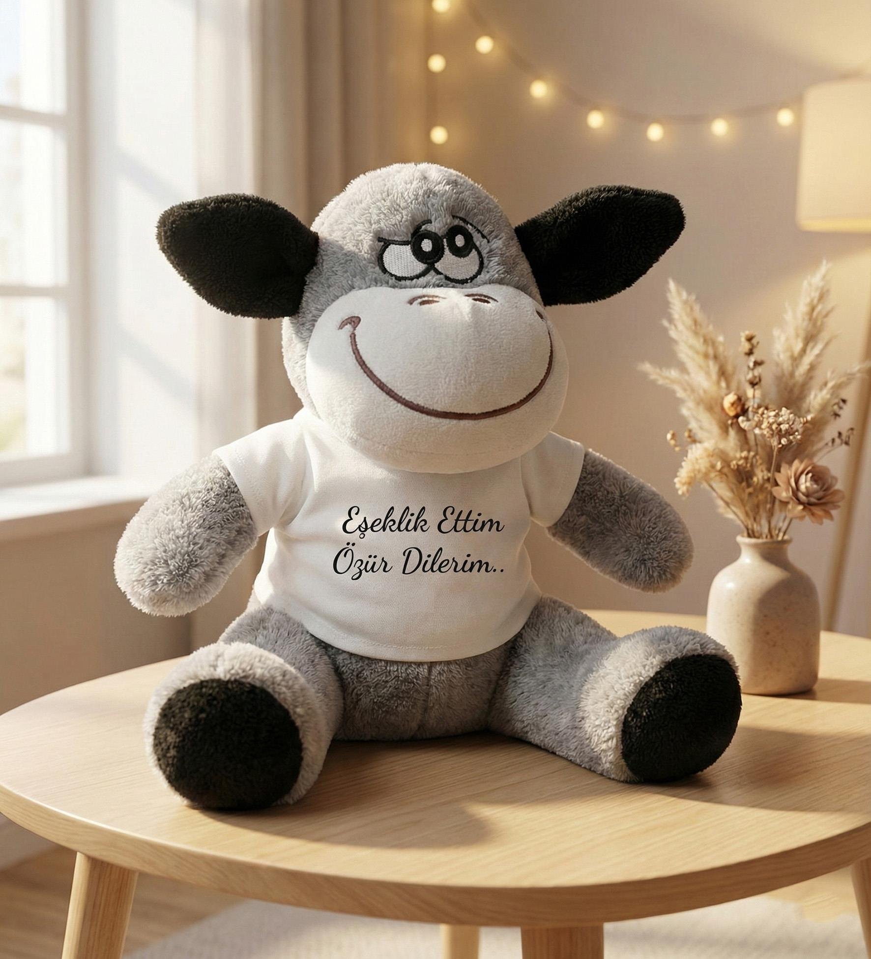Eşeklik Ettim Özür Dilerim Yazılı Peluş Eşek – Tişörtlü Komik Özür Oyuncağı 22 cm
