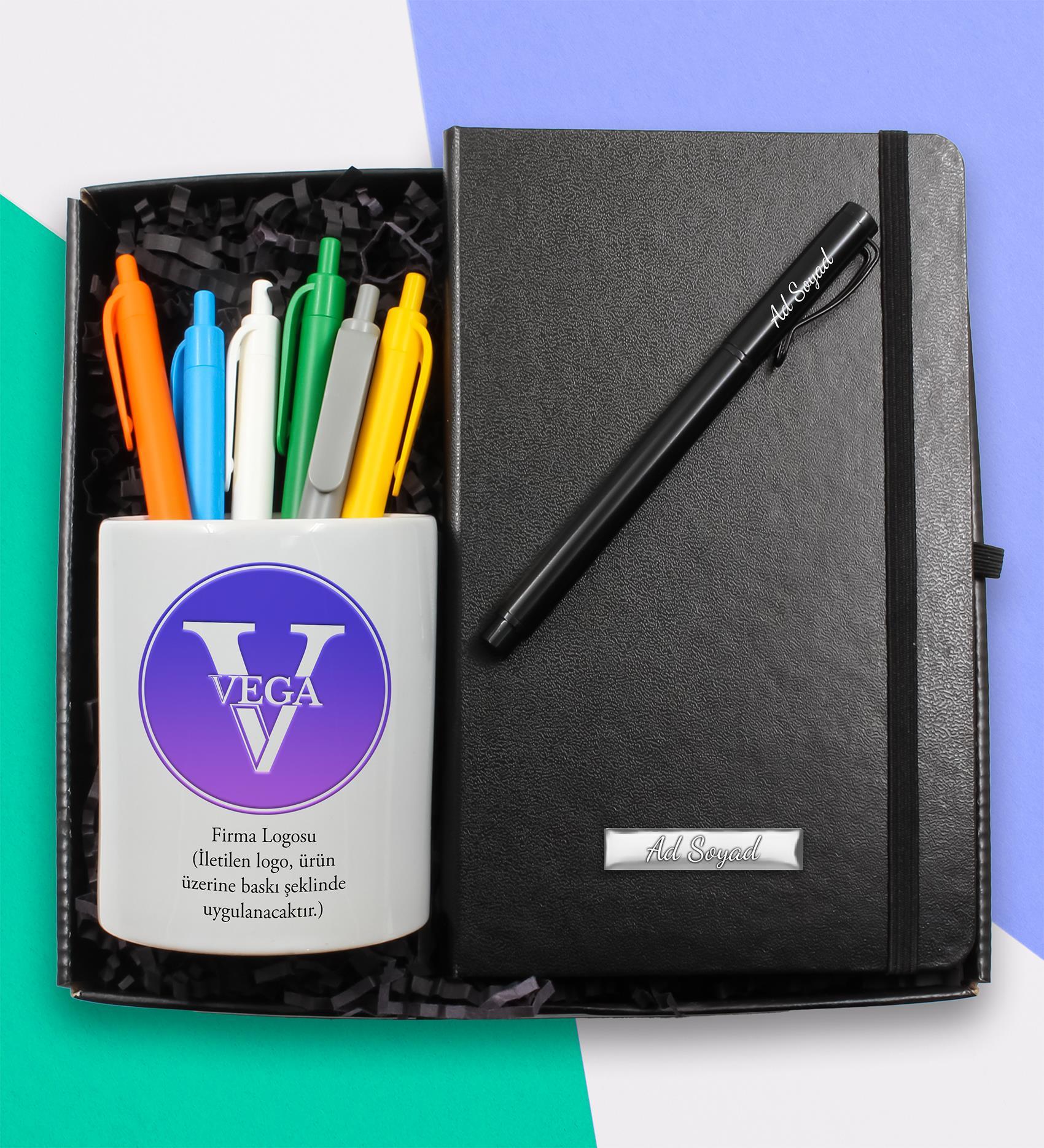 Firmalara Özel Kurumsal Logo Baskılı Kalemlik & Kişiye Özel Siyah Defter & Kişiye Özel Roller Kalem & 6'lı Renkli Kalem Hediye Seti