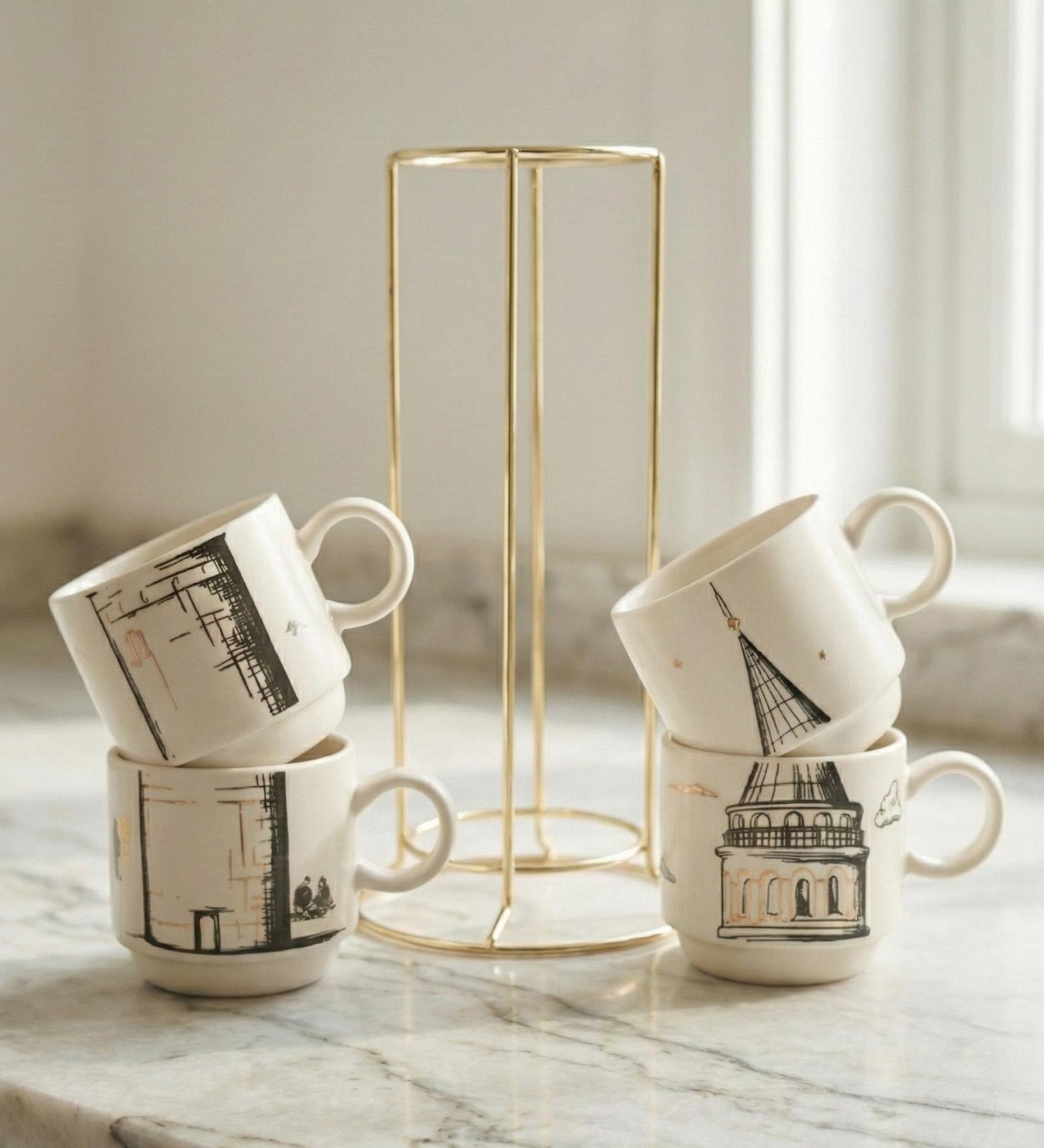 Galata Kulesi Temalı Standlı 5 Parça Mug Kupa Seti (160 ml)