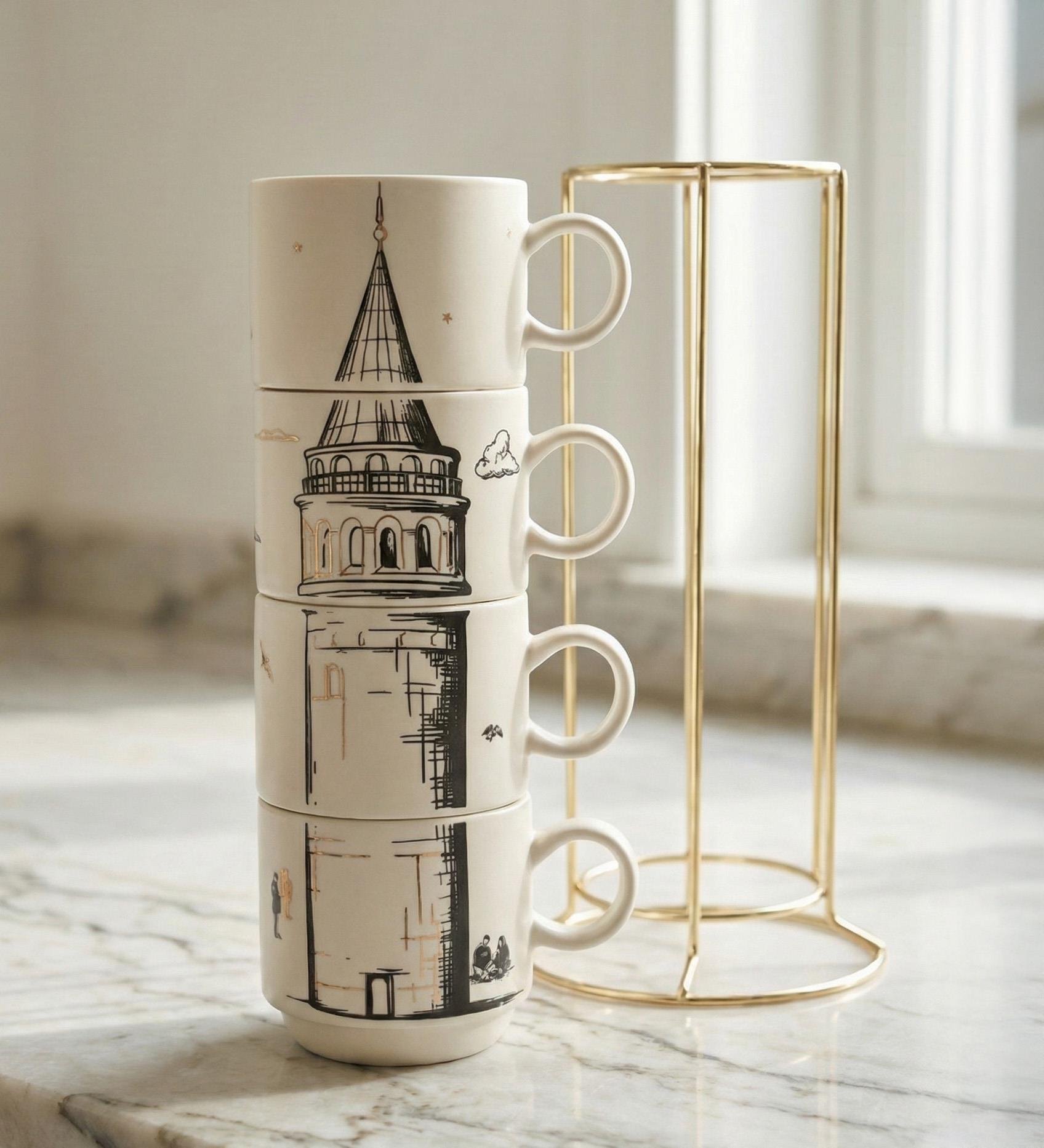 Galata Kulesi Temalı Standlı 5 Parça Mug Kupa Seti (160 ml)