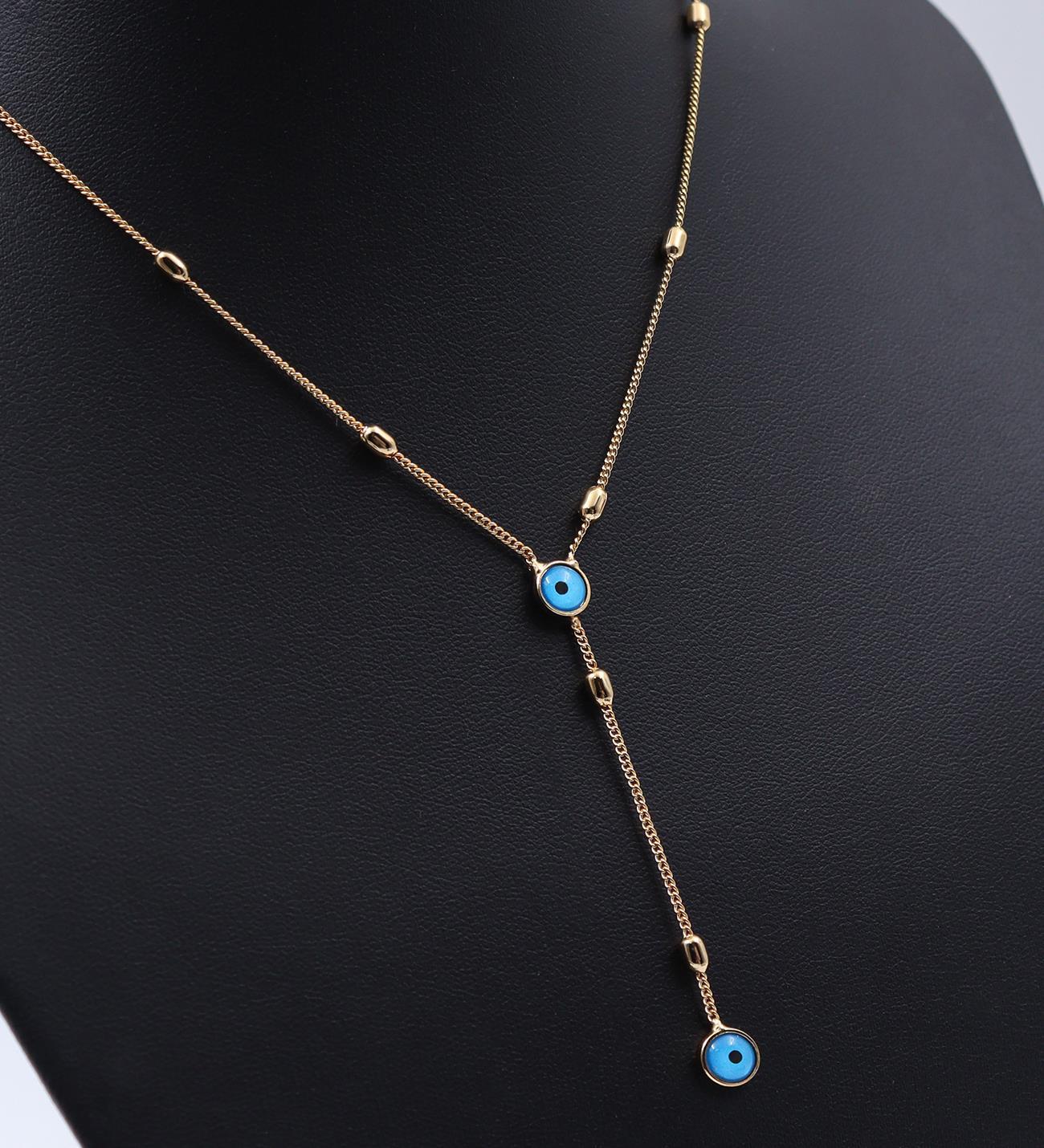 Gold Renk Taşlı Kadın Kol Saati & Gold Renk Nazar Boncuklu Kolye & Bileklik Hediye Seti 