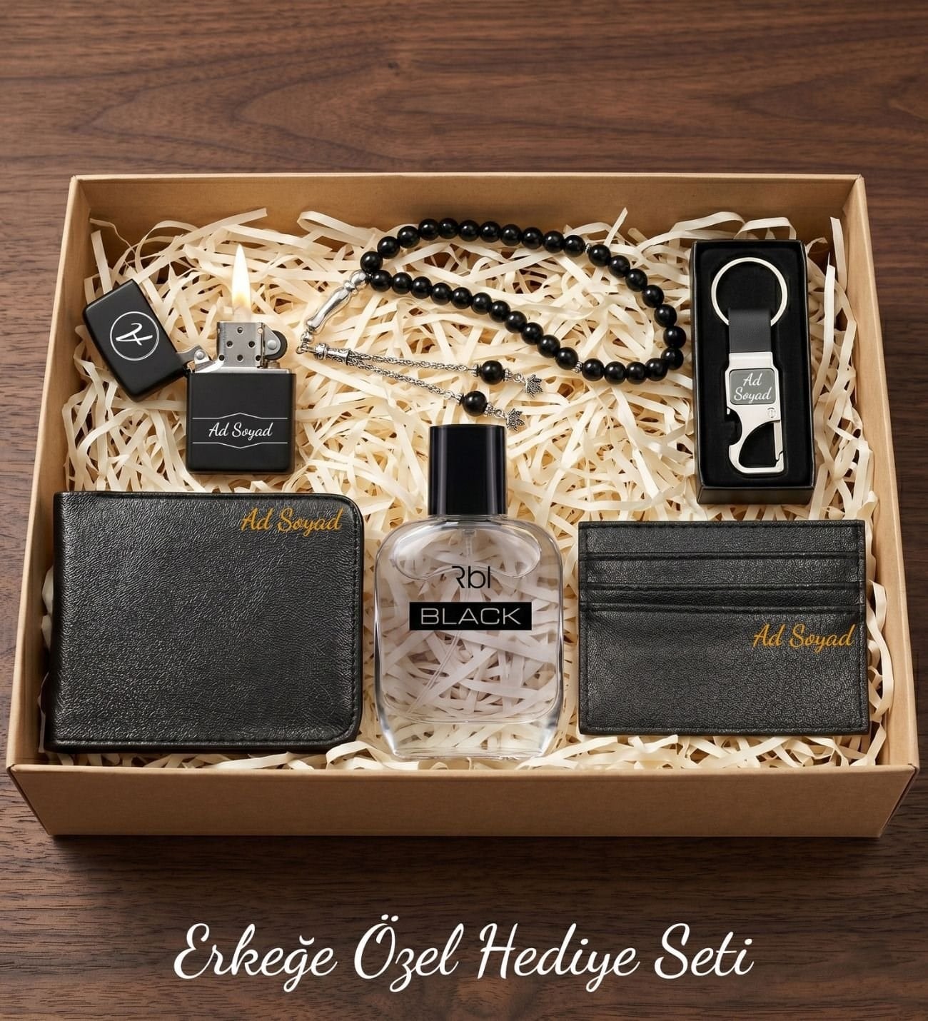 Hediye SetleriKişiye Özel Erkek Cüzdan & Kartlık & Tesbih & Benzinli Çakmak & Kancalı Anahtarlık & Rebul Black EDT 50 ml Erkek Parfüm Hediye Seti, Babalar Günü Hediye Seti, Babaya Hediye, Erkeğe Hediye