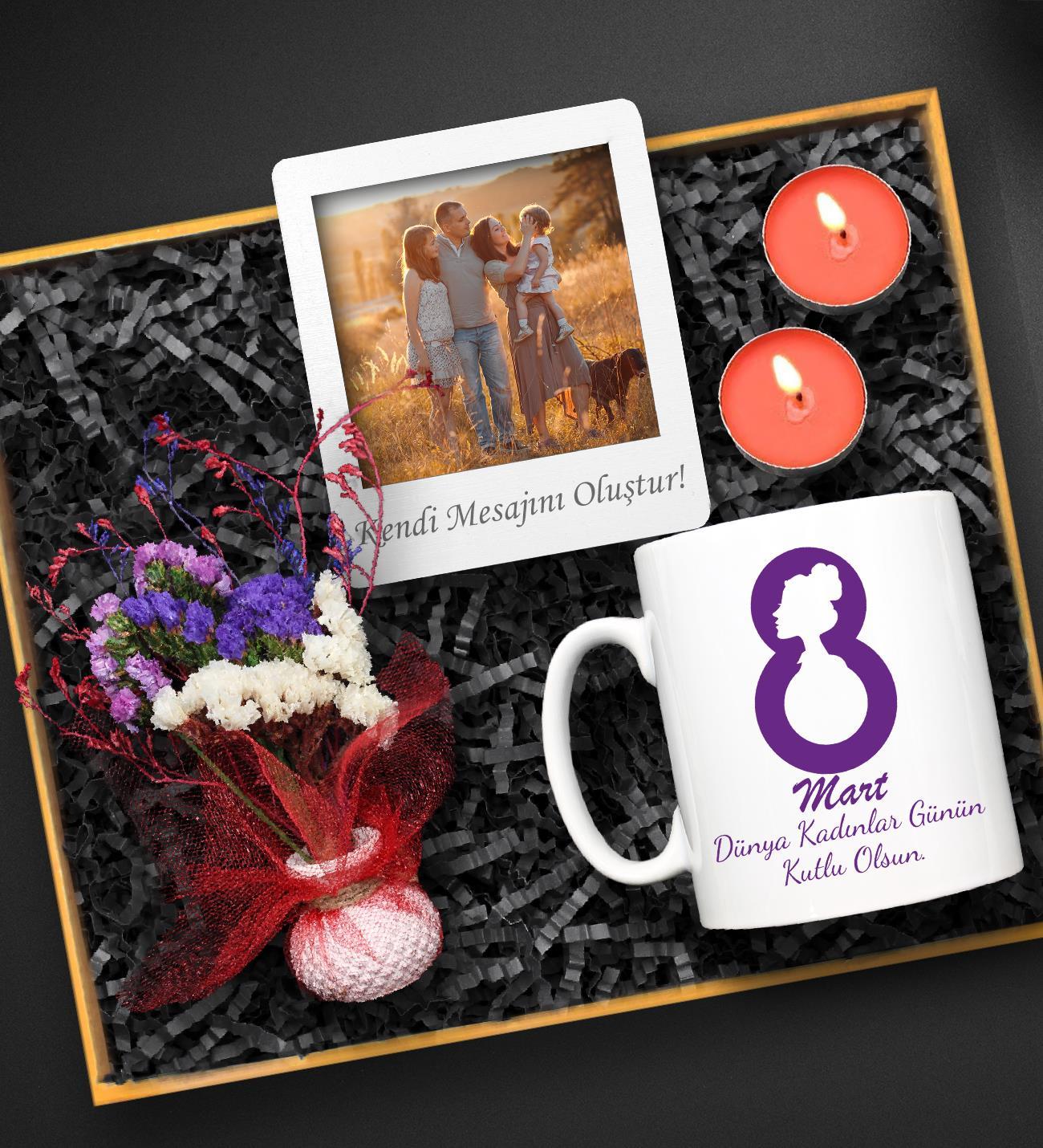 Kadınlar Gününe Özel Kupa & Kişiye Özel Fotoğraflı Çerçeve & Masa Çiçeği & Mini Mum Hediye Seti