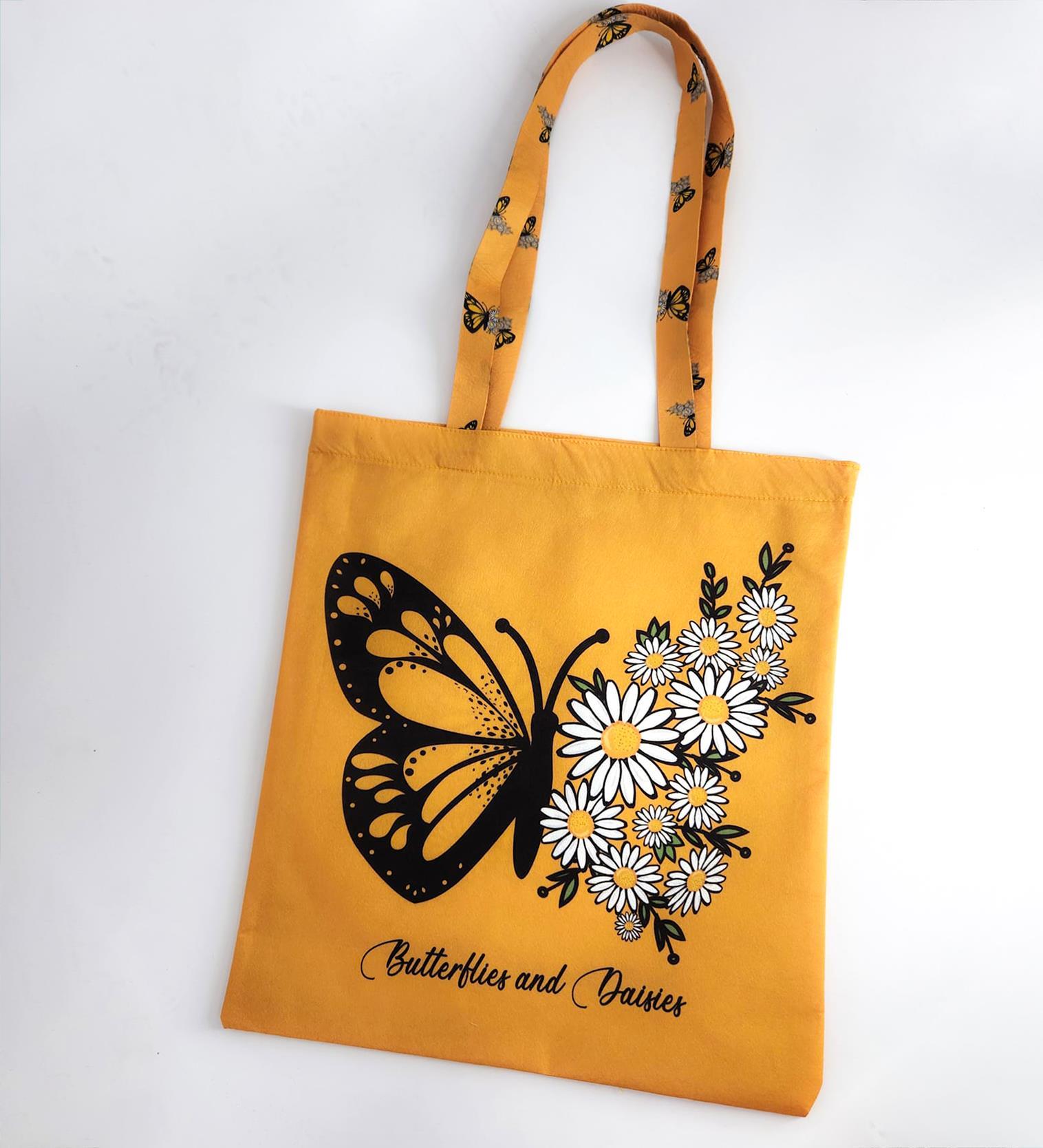 Kelebek ve Papatya Tasarımlı Baskılı Kumaş Bez Çanta Tek Bölmeli Kol ve Omuz Çantası