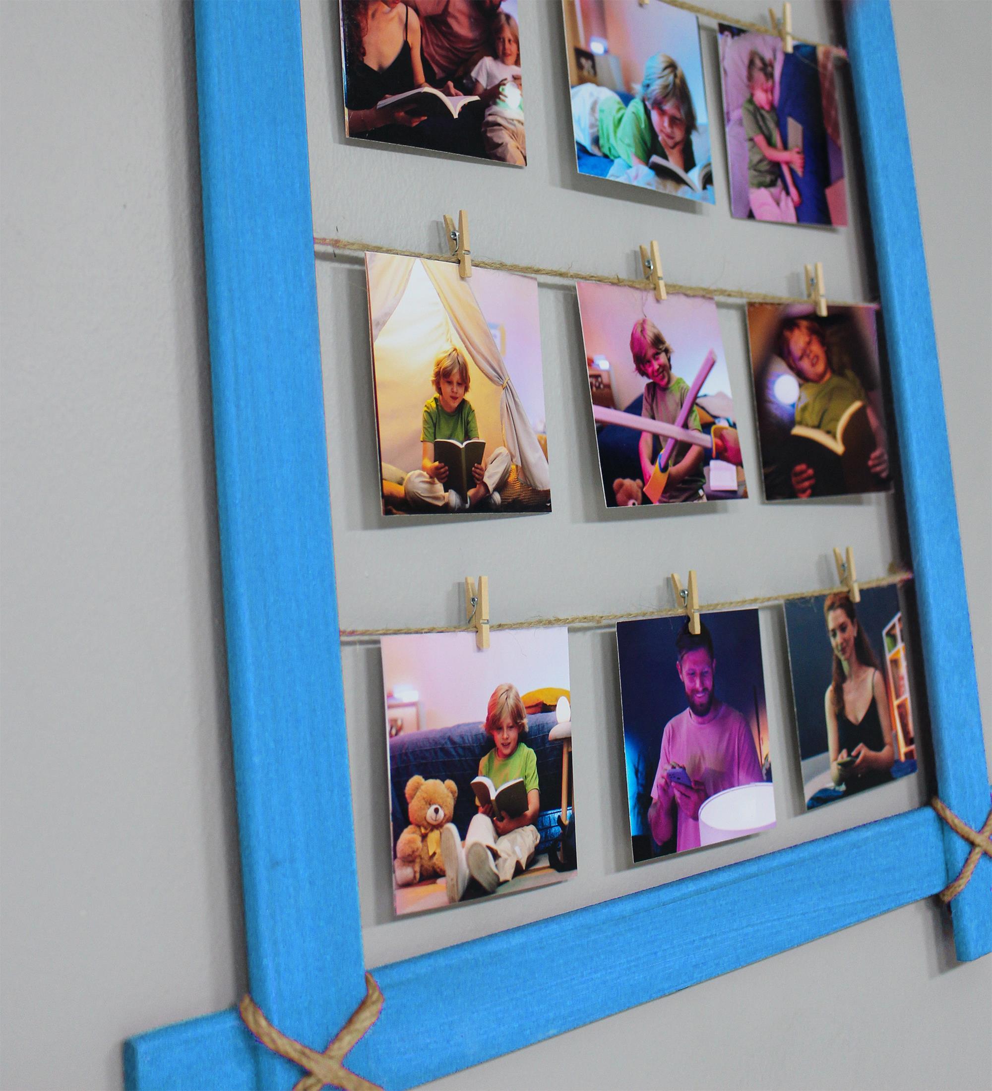 Kişiye Özel 12 Fotoğraflı Mandallı Mavi Renk Ahşap Fotoğraf Çerçevesi Büyük Boy 48x68cm