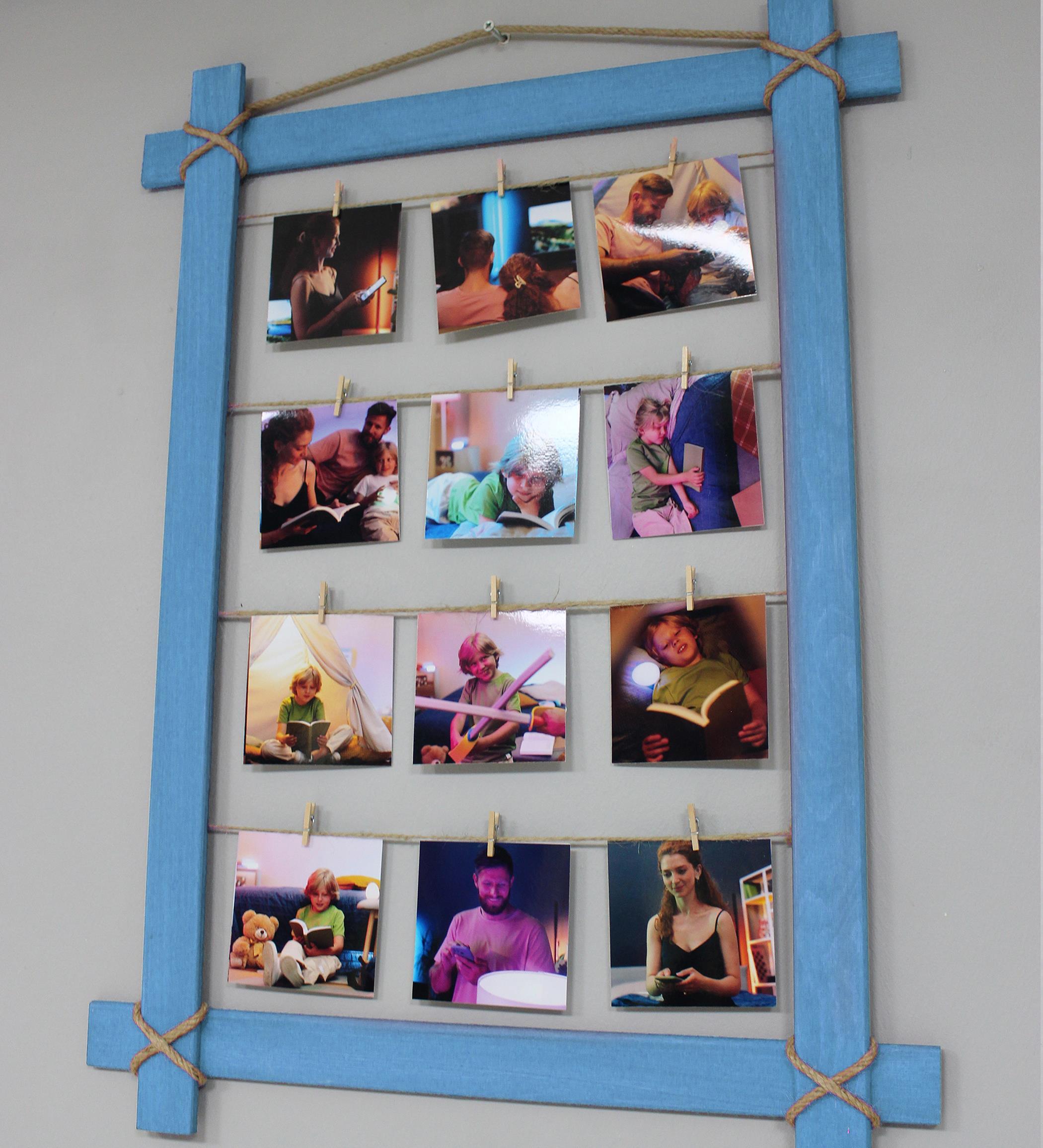 Kişiye Özel 12 Fotoğraflı Mandallı Mavi Renk Ahşap Fotoğraf Çerçevesi Büyük Boy 48x68cm