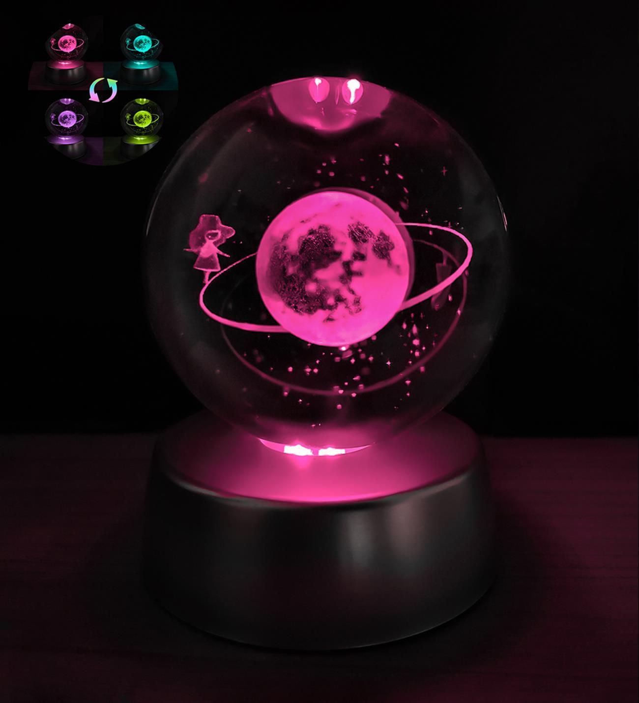 Kişiye Özel 3D Samanyolu Temalı Satürnlü Kız Renk Değiştiren Işıklı Kristal Küre Gece Lambası