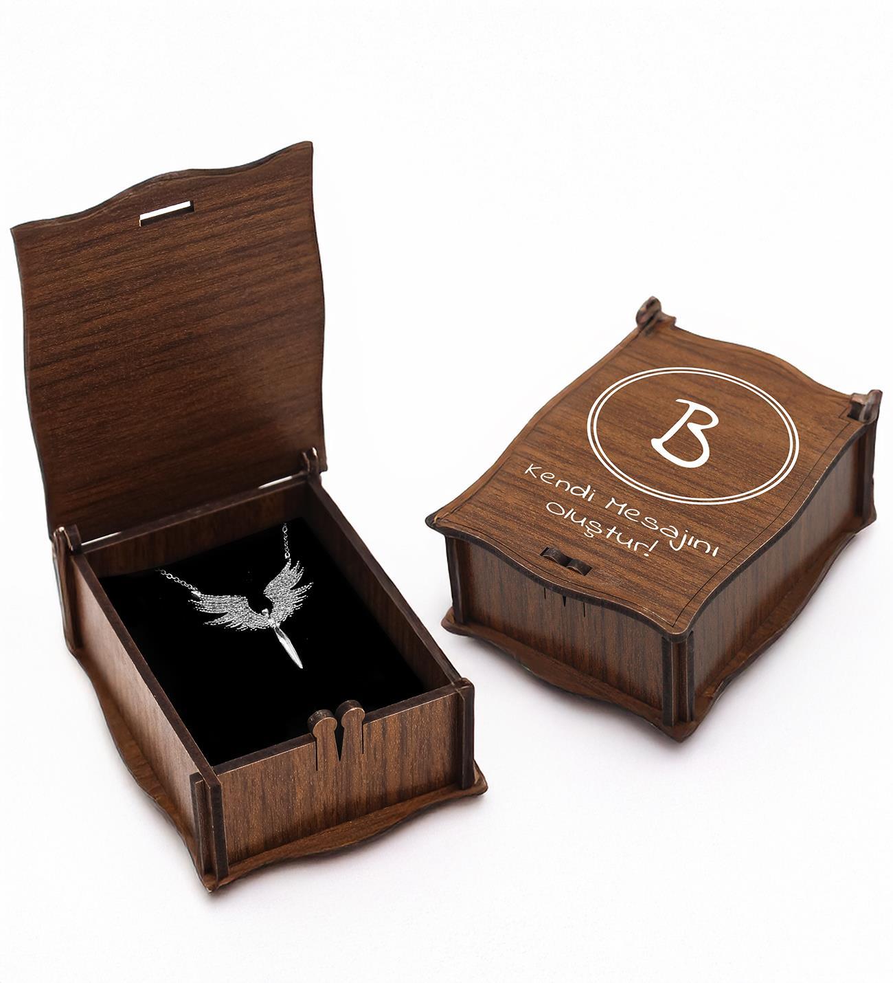 Kişiye Özel Ahşap Kutulu Gümüş Kaplama Mikail Melek Kolye Hediye Seti