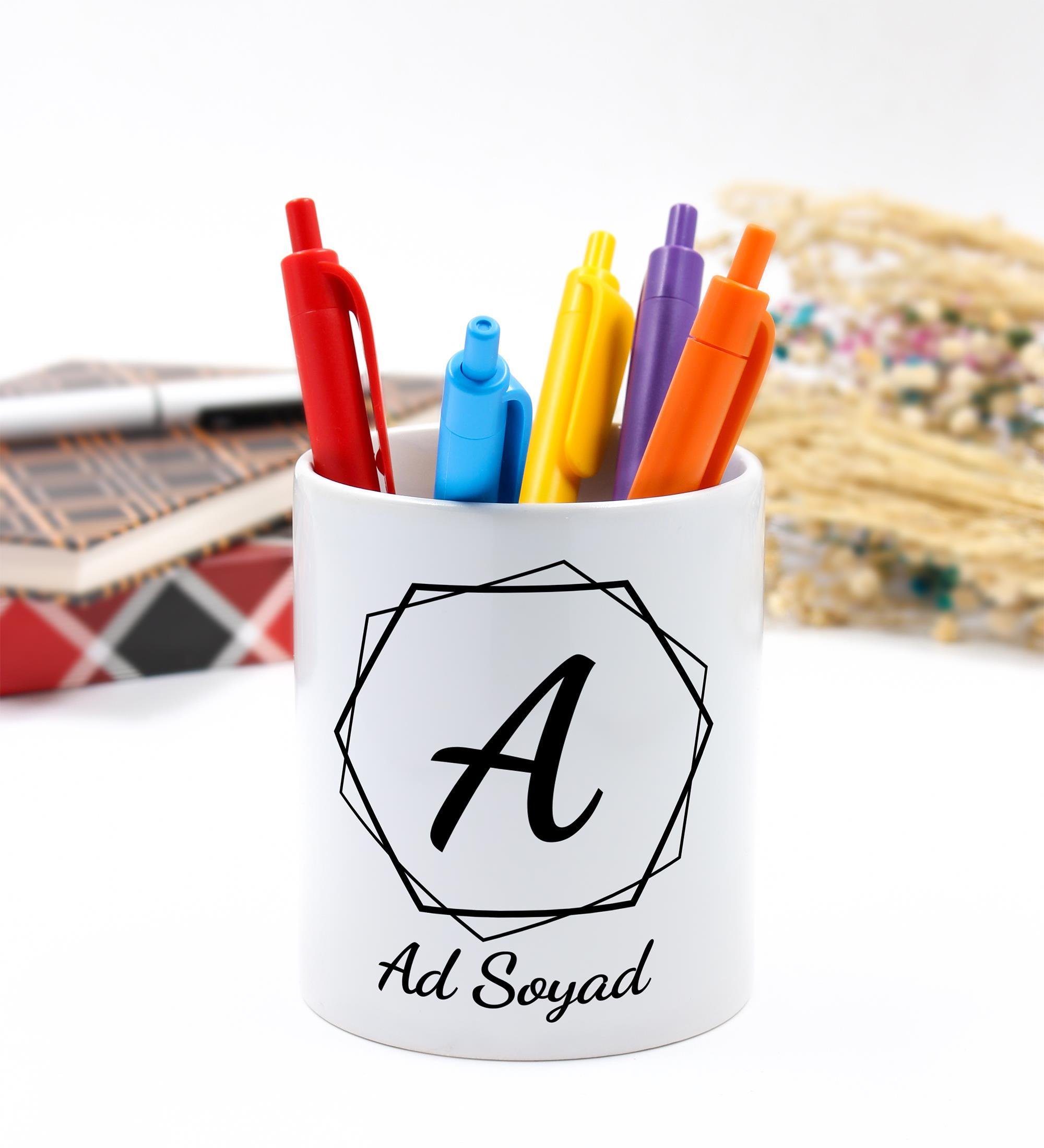 Kişiye Özel Altıgen Tasarımlı Porselen Masaüstü Kalemlik 9,5cm