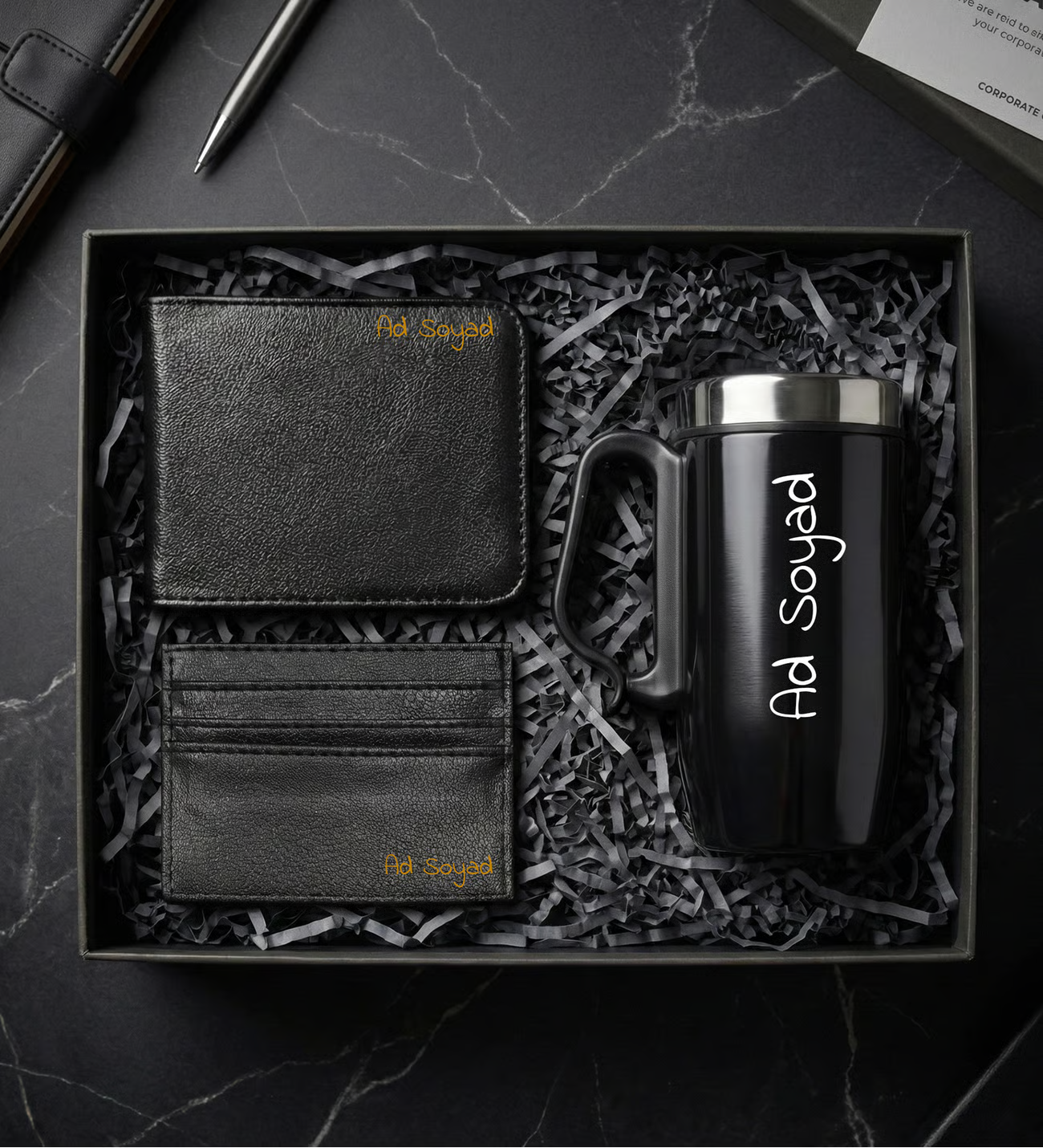 Kişiye Özel Bardak Termos & Suni Deri Erkek Cüzdan & Kartlık Erkeğe Hediye Seti