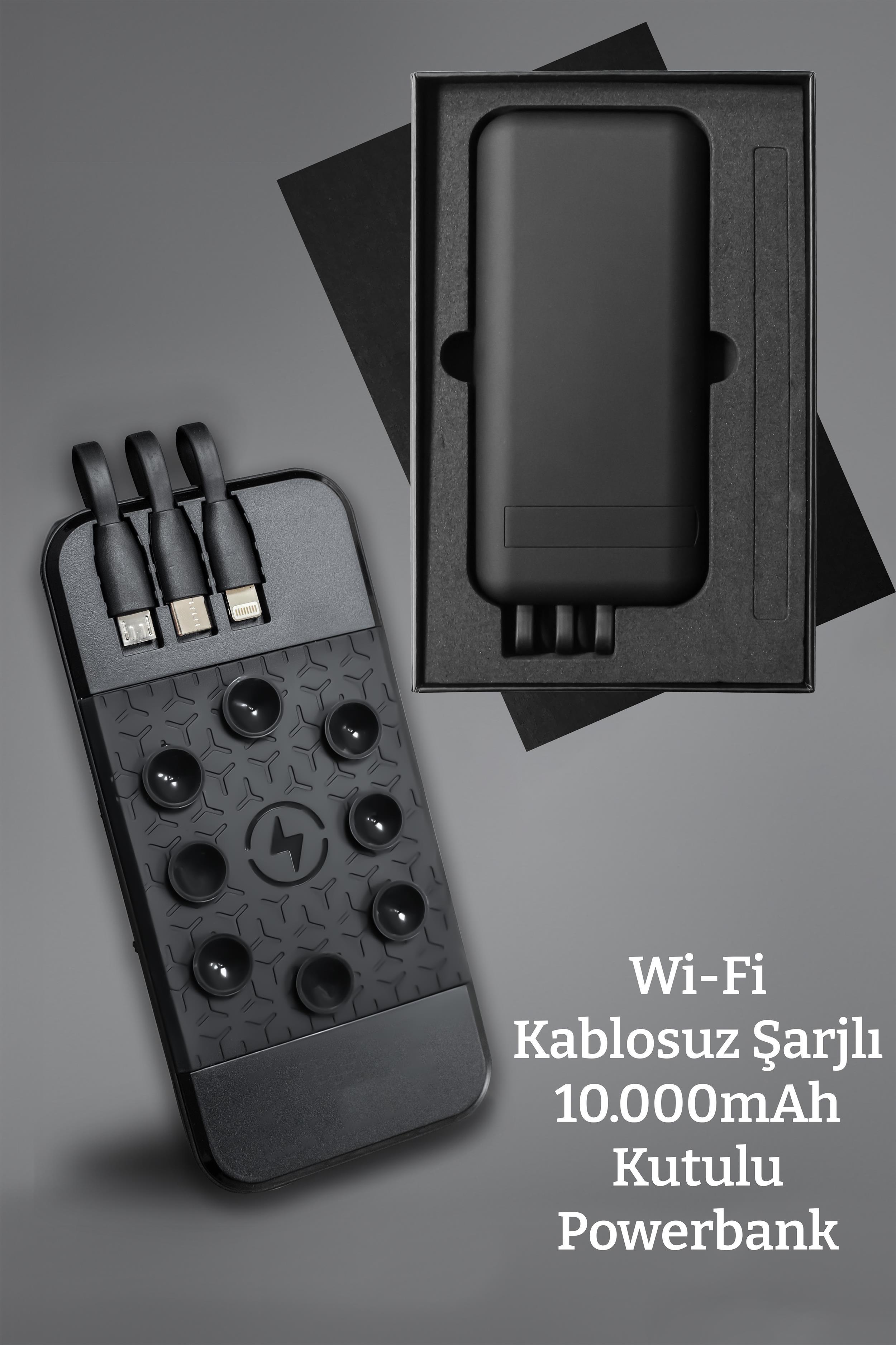 Kişiye Özel Baskılı 10000mAh Wi-Fi Kablosuz Powerbank | Vakumlu, Micro USB, Type-C, Hızlı Şarj, LED Işık, Rubber Gövde