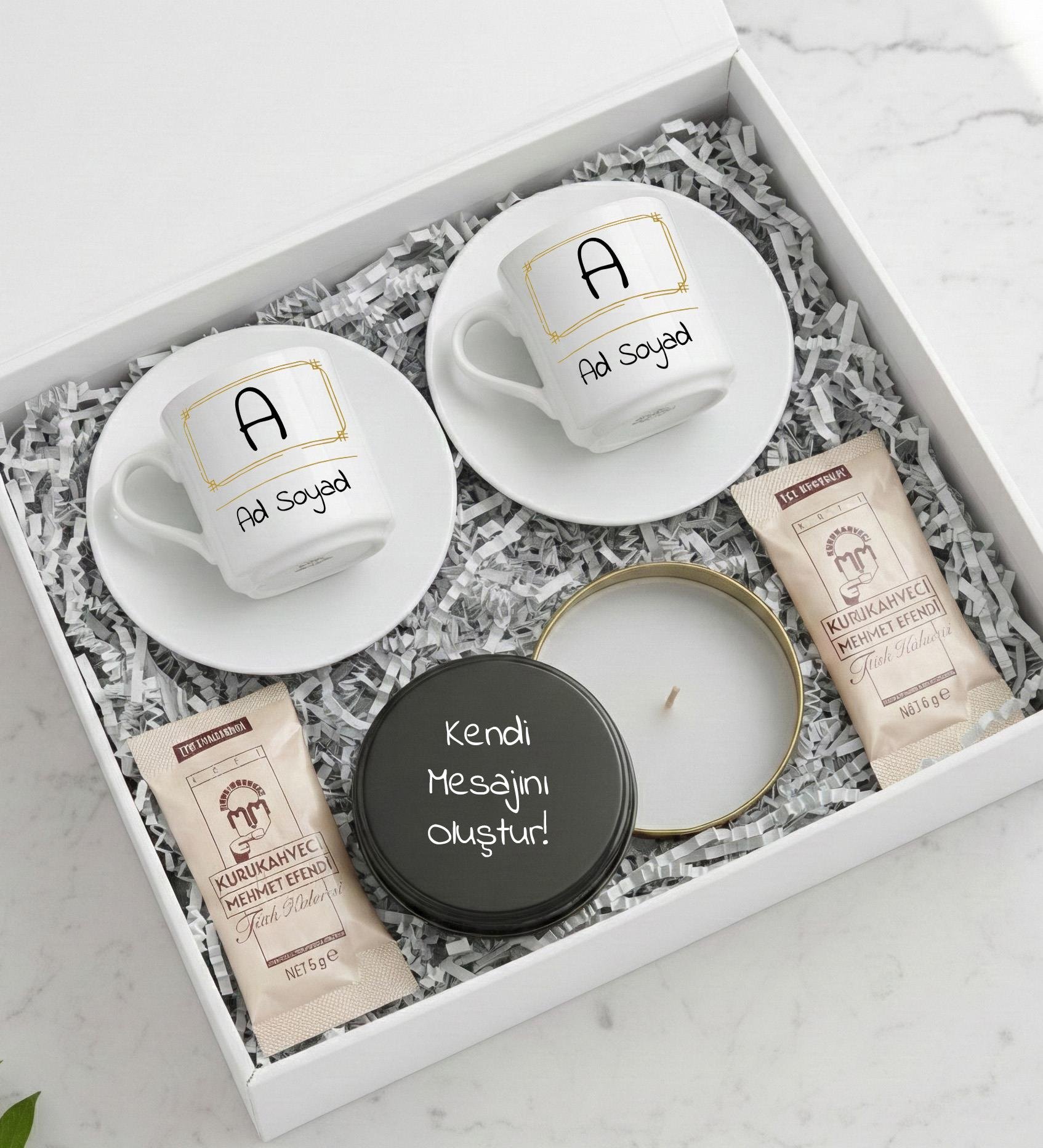 Kişiye Özel Baskılı 2'li Türk Kahve Fincanı Takımı & Metal Mum & 2'li Tek Kullanımlık Türk Kahvesi Hediye Seti