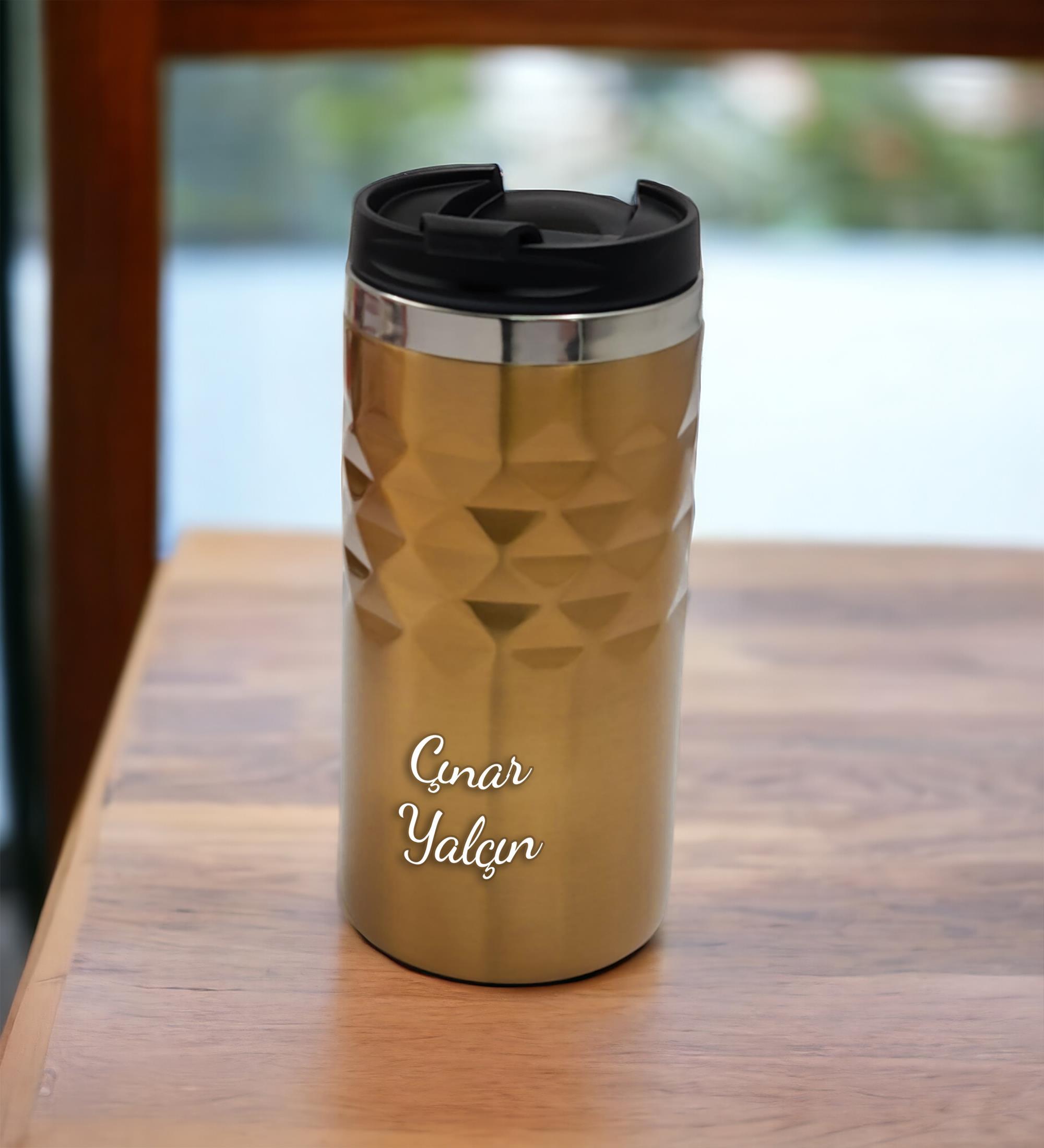 Kişiye Özel Baskılı Geometrik Desenli Gold Altın Renk Termos Bardak 300mL