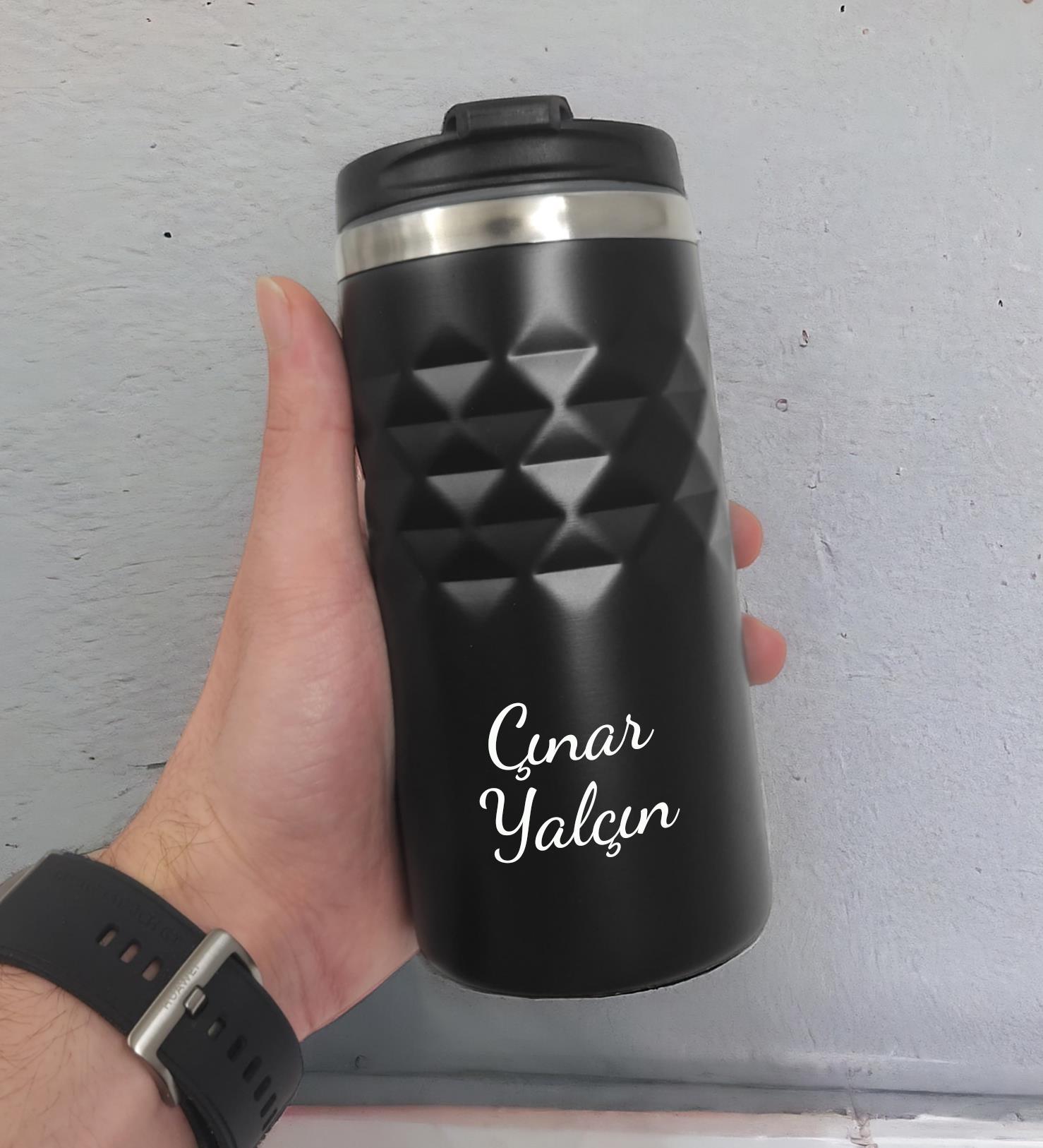 Kişiye Özel Baskılı Geometrik Desenli Siyah Renk Termos Bardak 300mL