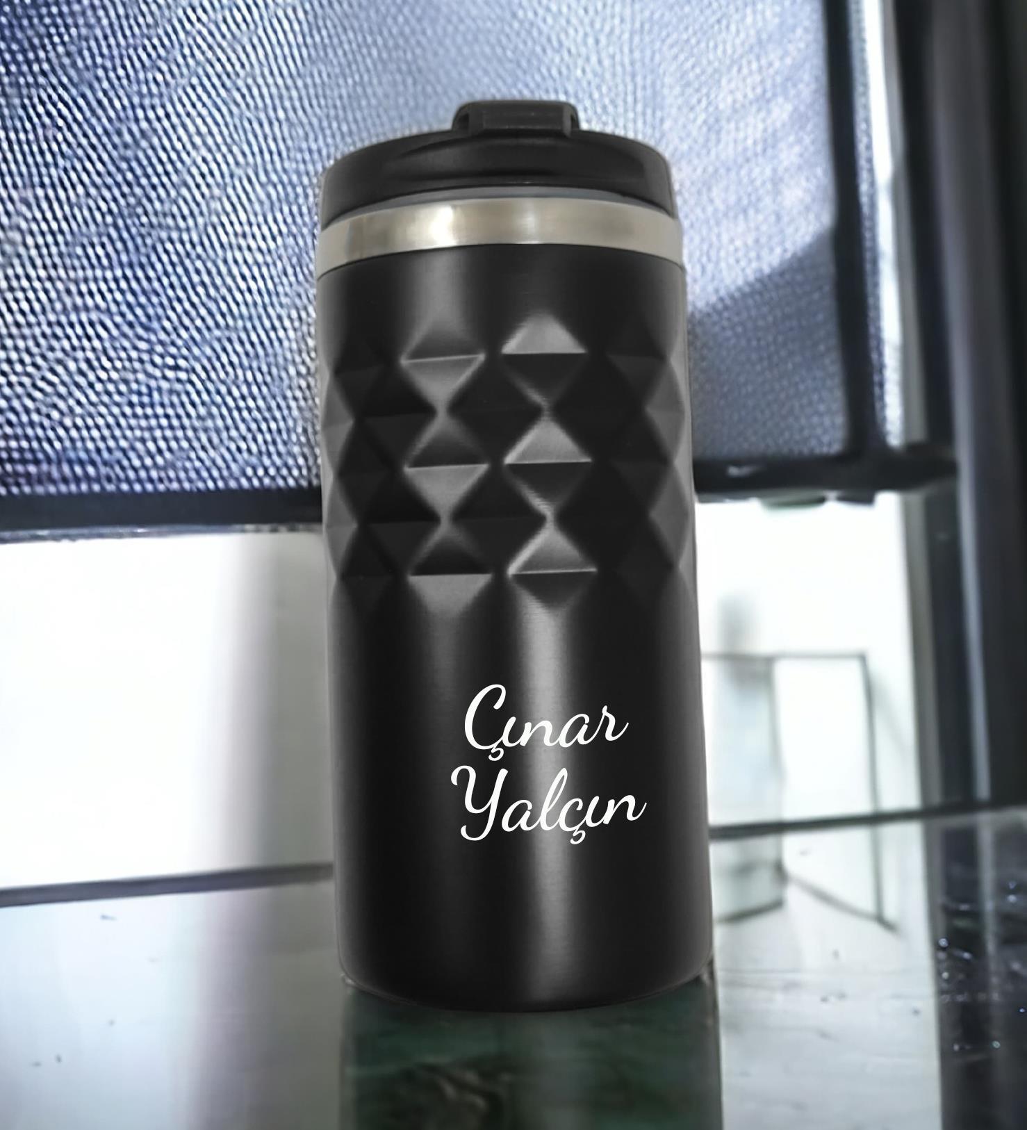 Kişiye Özel Baskılı Geometrik Desenli Siyah Renk Termos Bardak 300mL