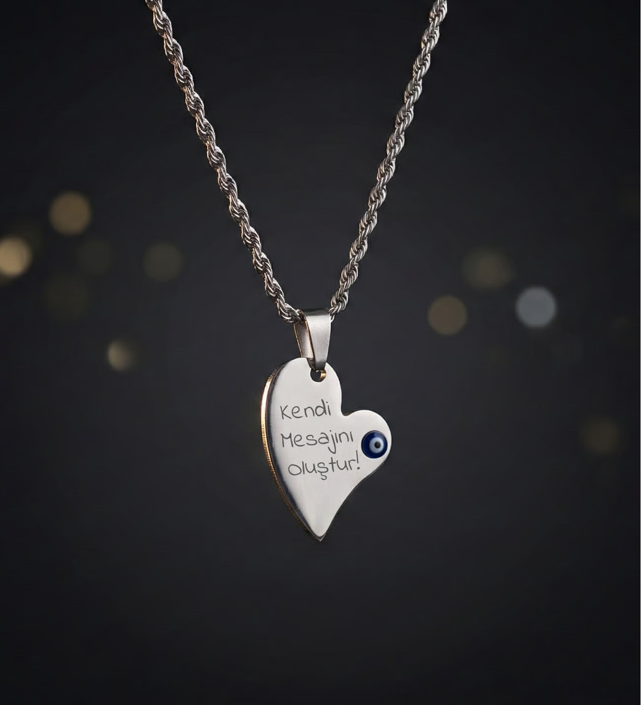 Kişiye Özel Baskılı Nazar Boncuklu Gümüş Renk Çelik Kalpli Kolye - Sevgiliye Hediye