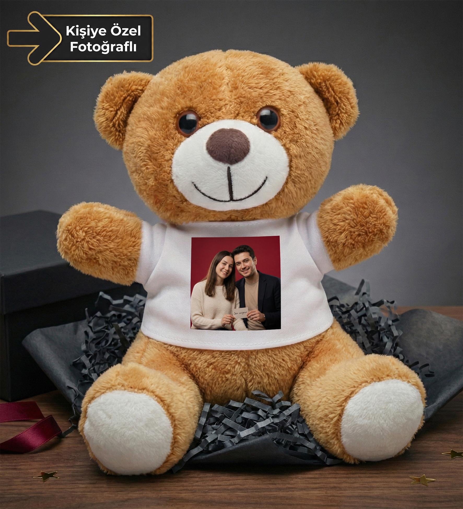 Kişiye Özel Baskılı Tişörtlü Kahverengi Peluş Ayıcık 22cm  Sevgiliye Hediye Peluş Ayıcık