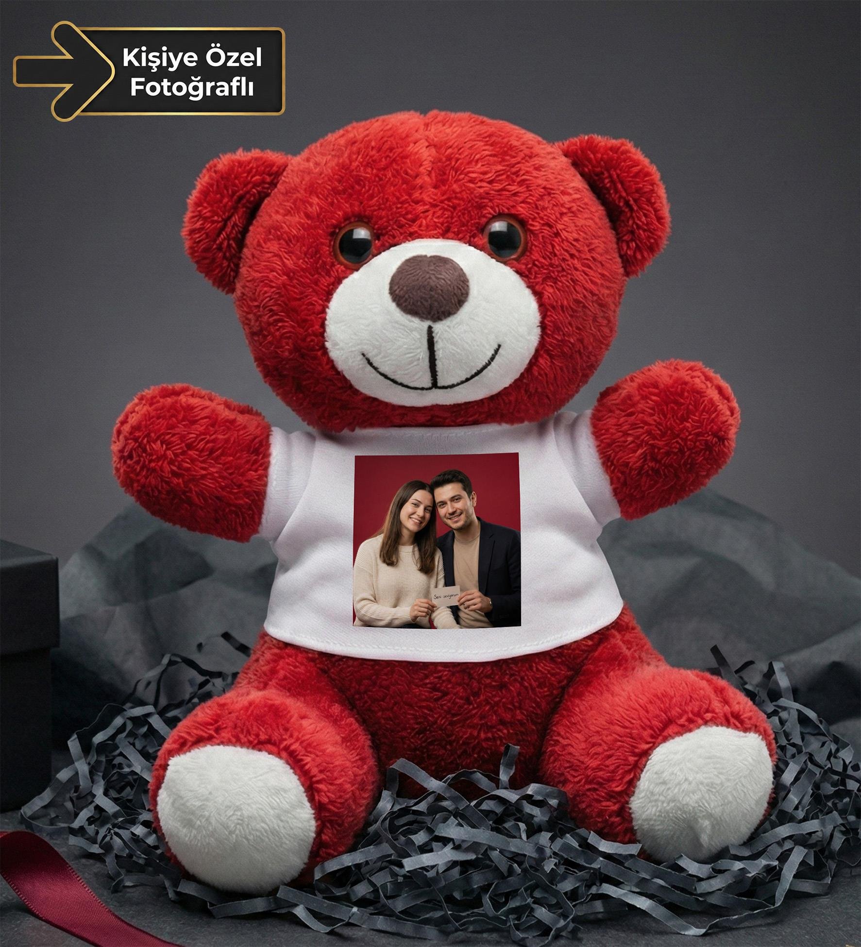 Kişiye Özel Baskılı Tişörtlü Kırmızı Peluş Ayıcık 22cm  Sevgiliye Hediye Peluş Ayıcık