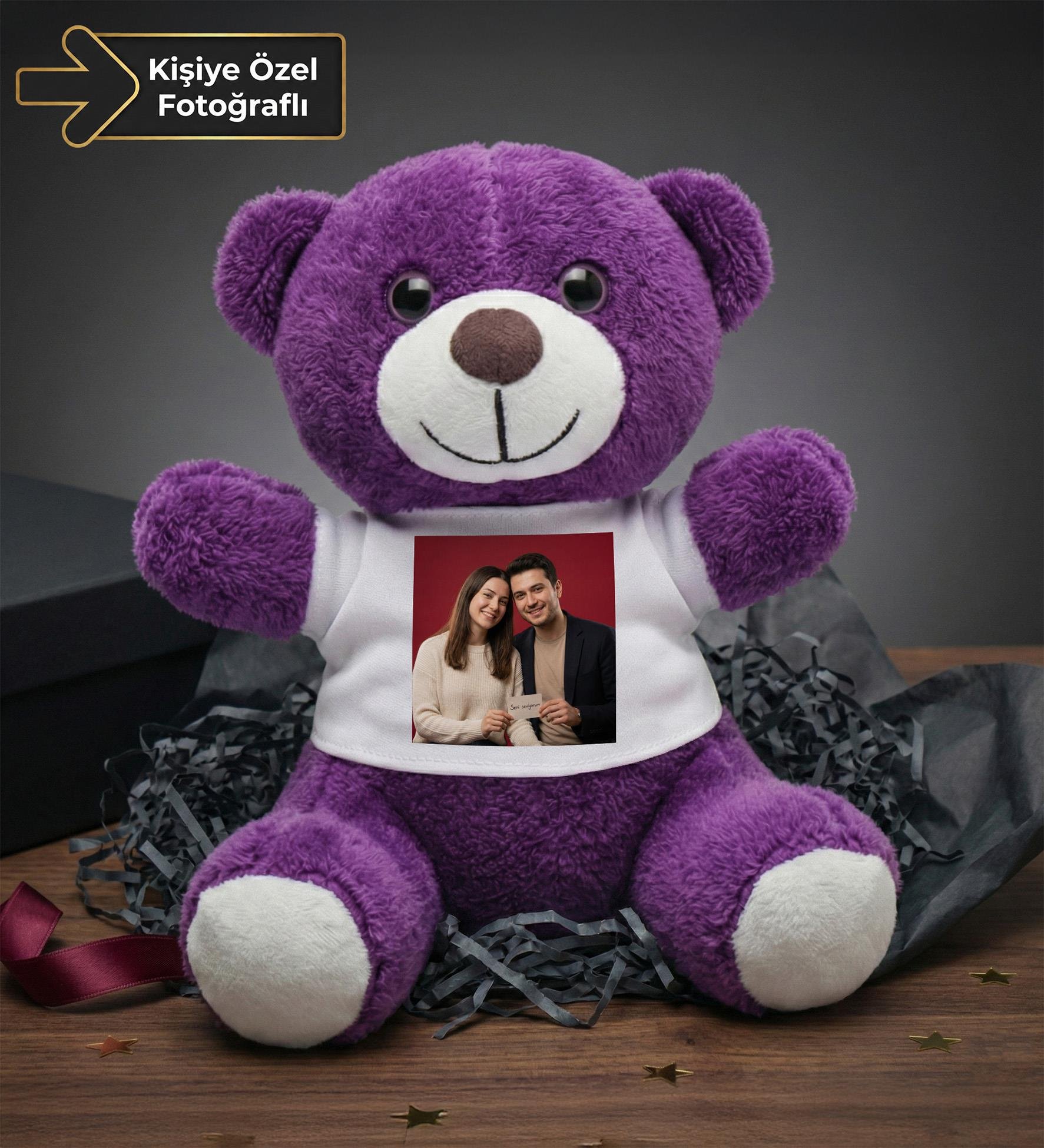 Kişiye Özel Baskılı Tişörtlü Mor Peluş Ayıcık 22cm  Sevgiliye Hediye Peluş Ayıcık