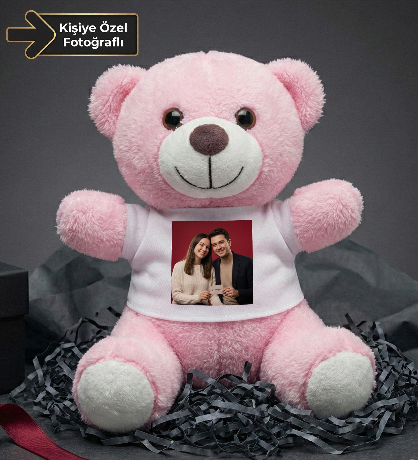 Kişiye Özel Baskılı Tişörtlü Pembe Peluş Ayıcık 22cm  Sevgiliye Hediye Peluş Ayıcık