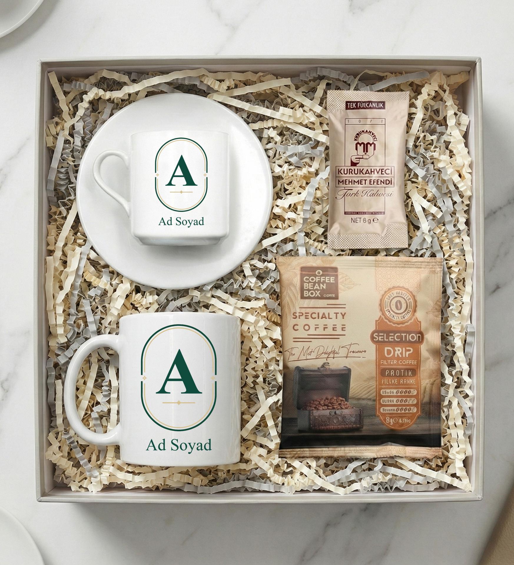 Kişiye Özel Baskılı Türk Kahve Fincanı & Kişiye Özel Baskılı Kupa & Pratik Filtre Kahve & Tek Kullanımlık Türk Kahvesi Hediye Seti