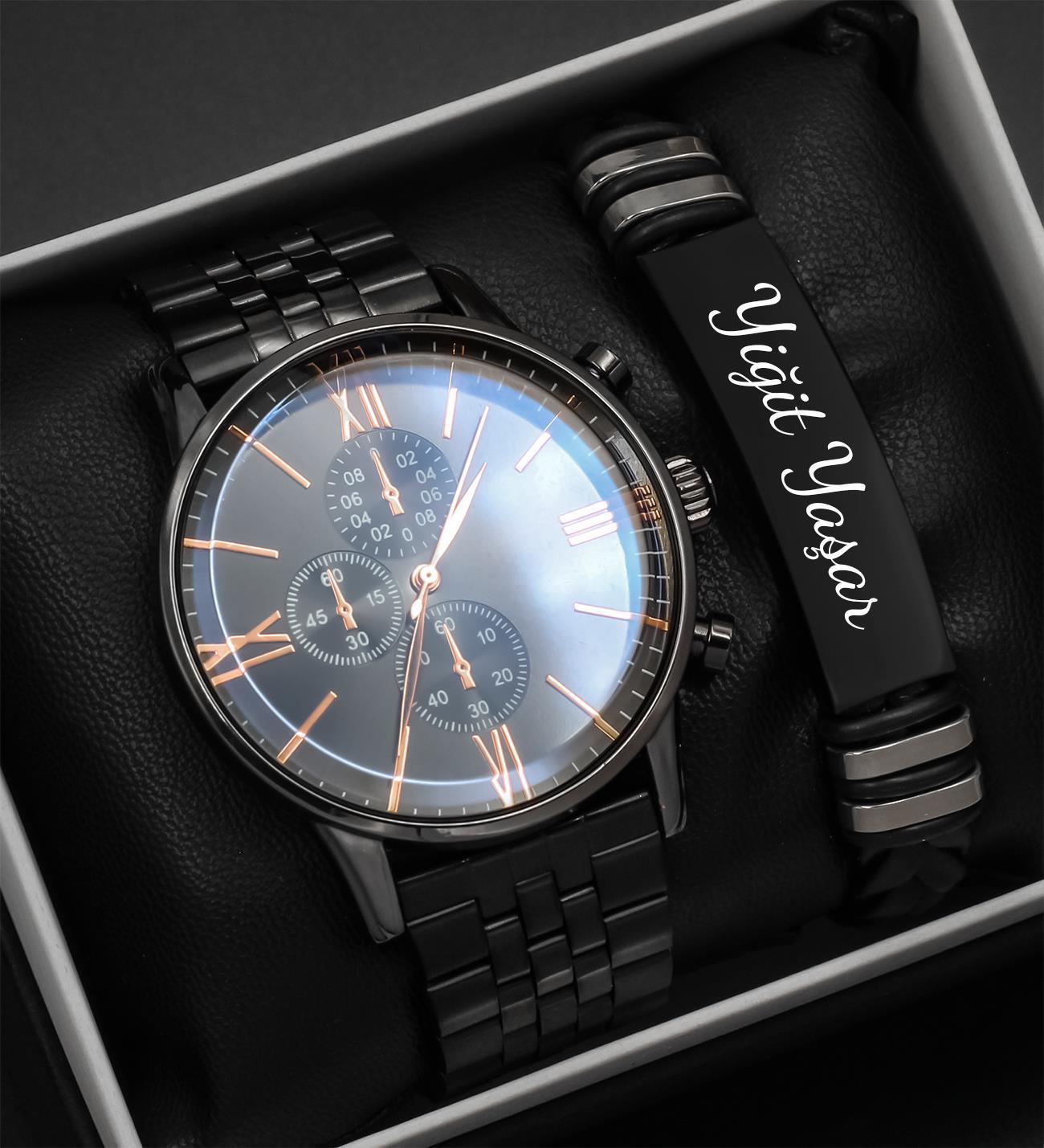 Kişiye Özel Bileklik & Metal Kordon Renkli Cam Erkek Kol Saati Hediye Seti