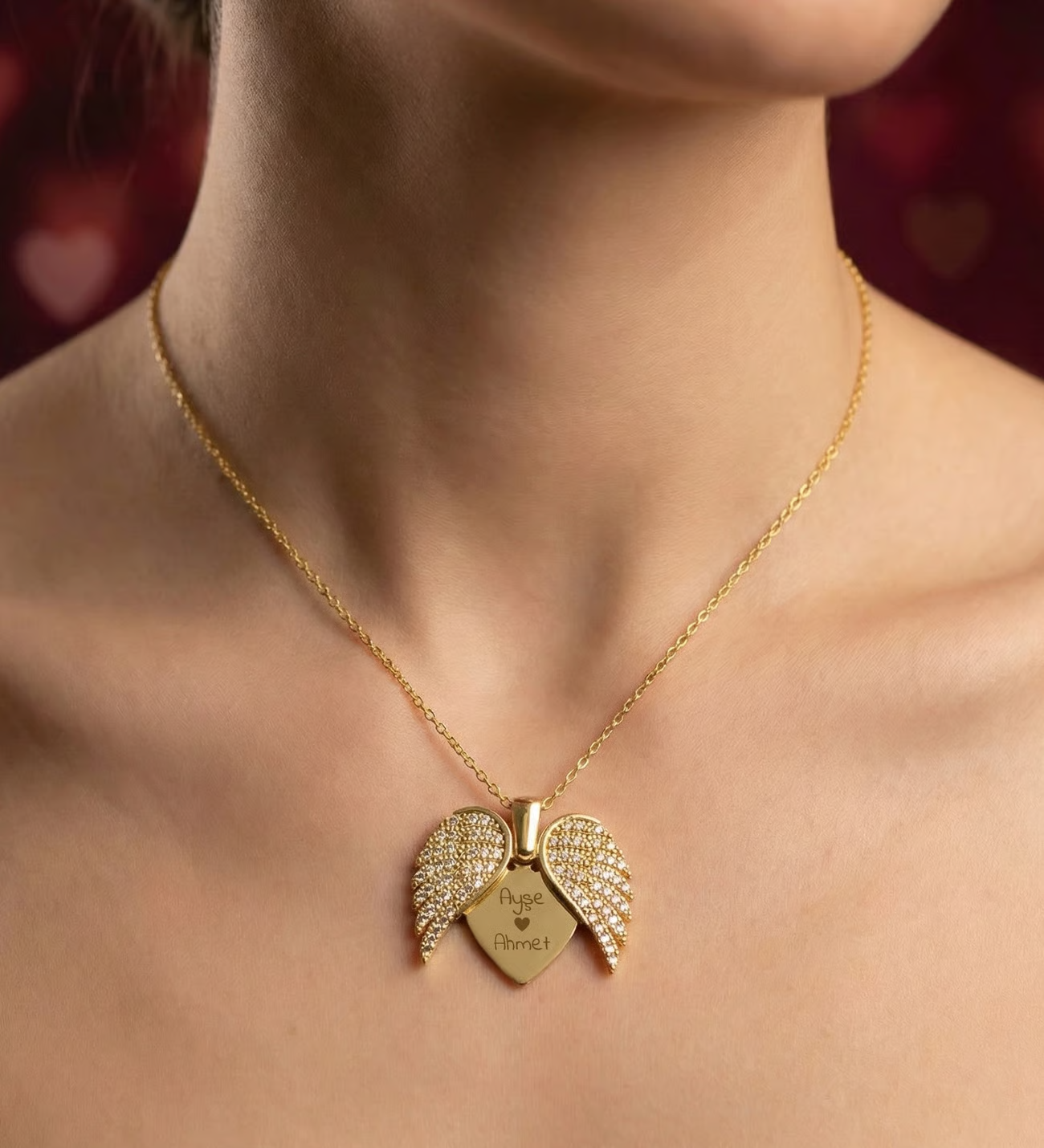 Kişiye Özel Çift İsim Baskılı Kalpli Gold Renk Açılır Melek Kanadı Kalp Kolye - Sevgiliye Özel Hediye, Anneye Hediye, Kız Kardeşe Hediye