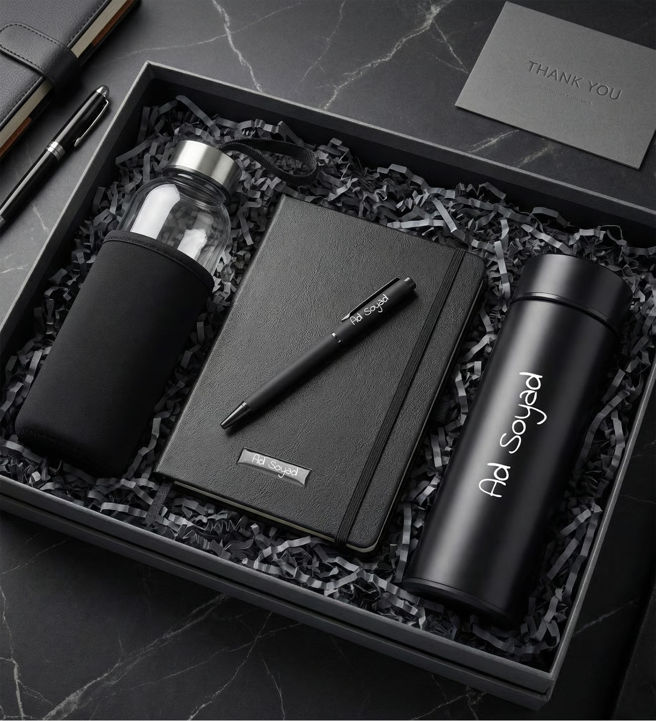 Kişiye Özel Dereceli Termos & Kılıflı Cam Matara & Siyah Defter & Roller Kalem Premium Ofis Hediye Seti