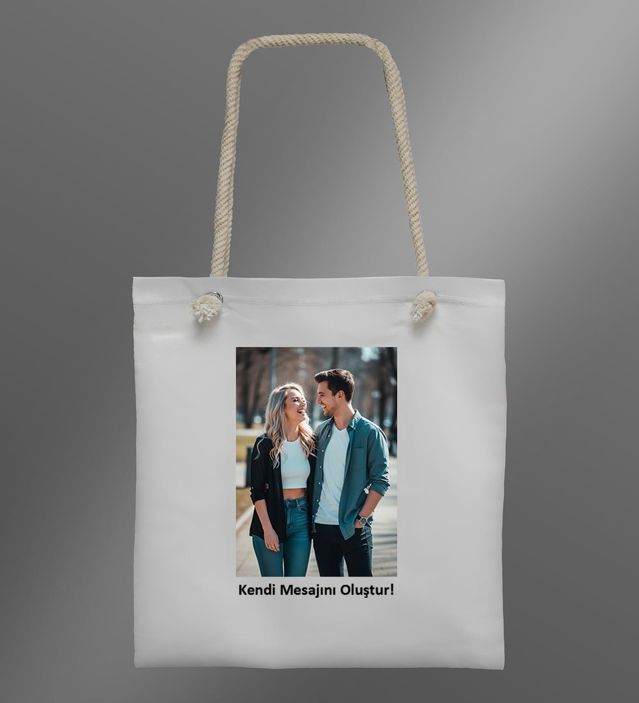 Kişiye Özel Fotoğraf ve İsim Baskılı Halat Askılı Şık Bez Çanta - 37x40cm