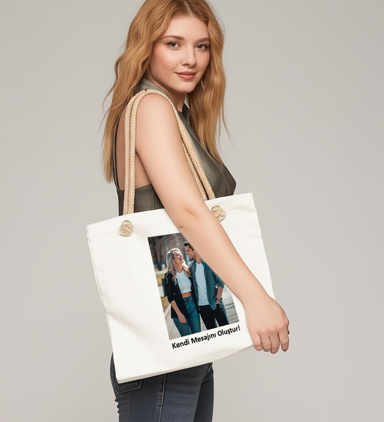 Kişiye Özel Fotoğraf ve İsim Baskılı Halat Askılı Şık Bez Çanta - 37x40cm