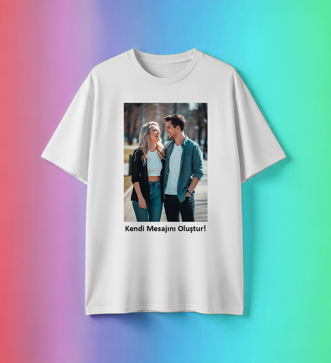 Kişiye Özel Fotoğraf ve Mesaj Baskılı Beyaz Unisex Oversize Tişört Bol Kalıp Tişört Kendin Tasarla Baskılı Tişört