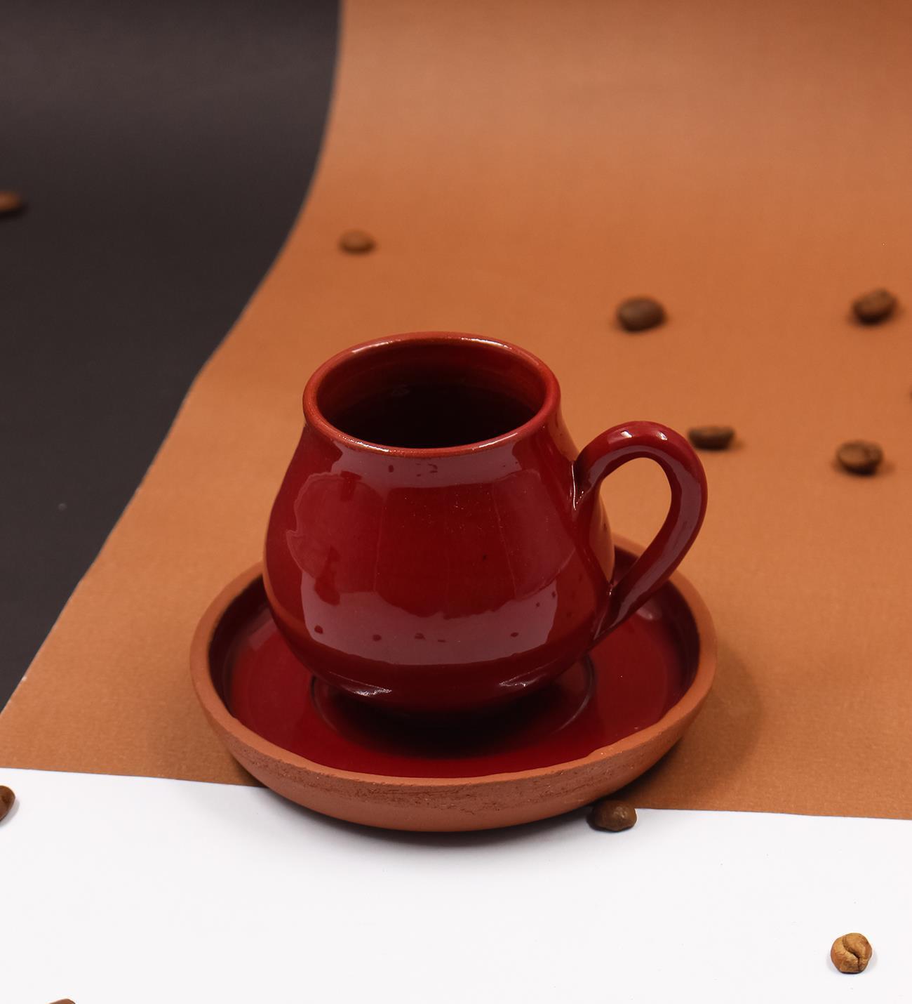 Kişiye Özel Fotoğraf ve Mesajlı Çerçeve & 2'li Kırmızı Renk El Yapımı Toprak Altlıklı Seramik Fincan & 2'li Kahve Hediye Seti