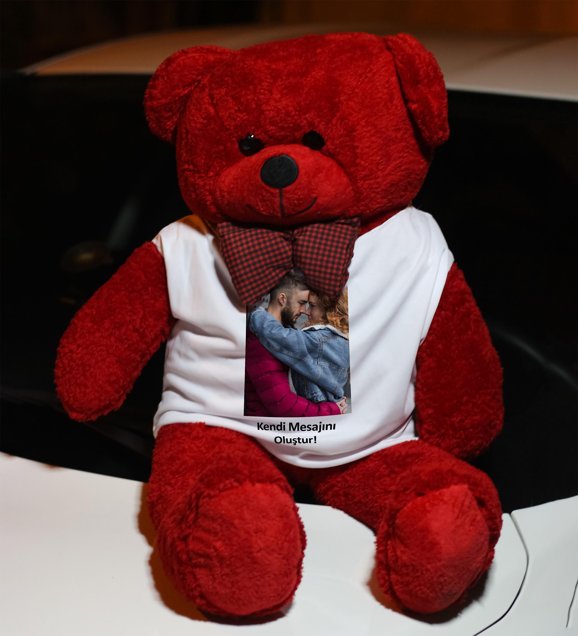 Kişiye Özel Fotoğraf ve Metin Baskılı Tişörtlü Kırmızı Renk 80cm Büyük Peluş Ayıcık