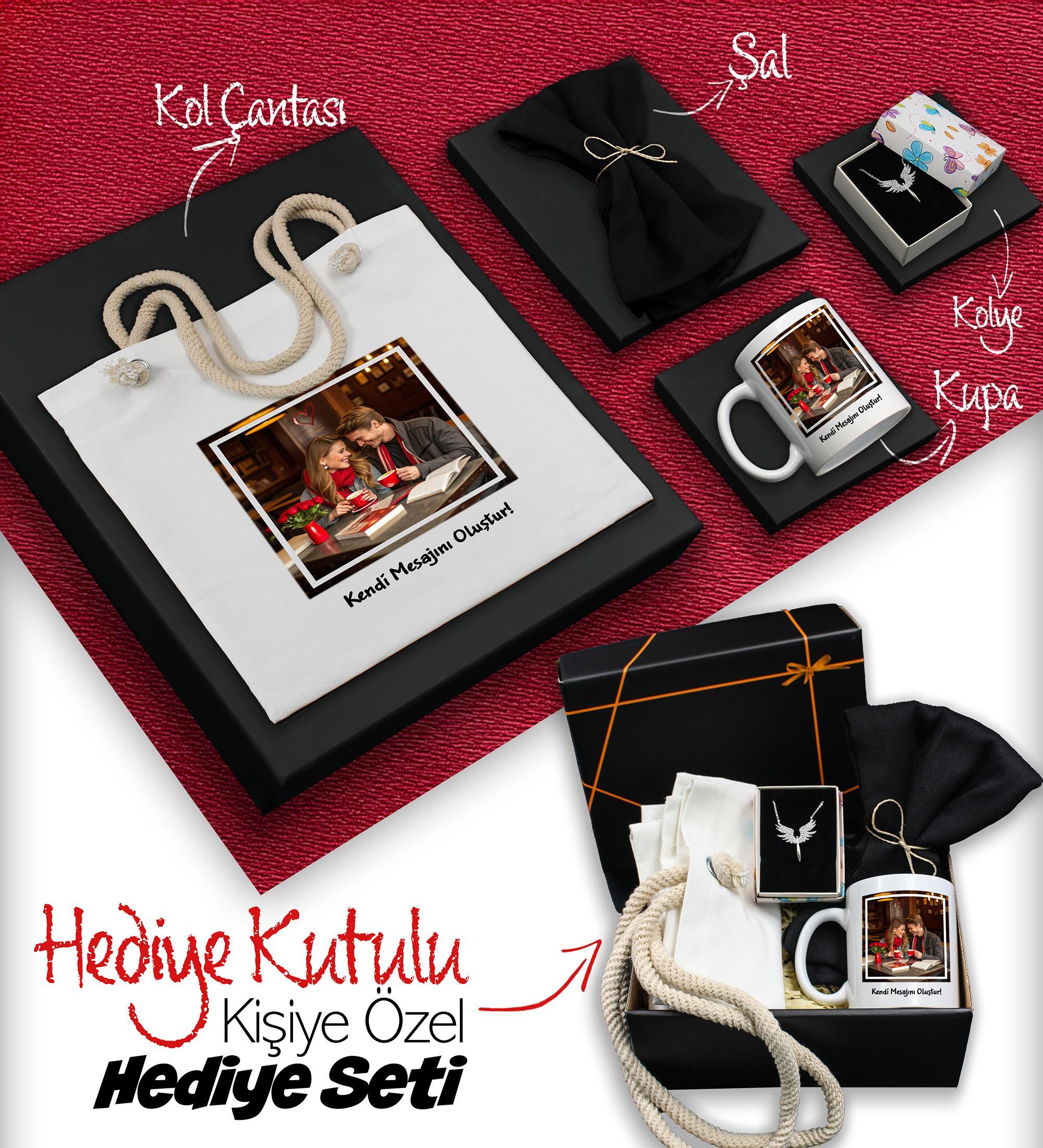 Kişiye Özel Fotoğraflı Hediye Seti (Askılı Bez Çanta & Kupa & Siyah Şal & Mikail Melek Kolye)