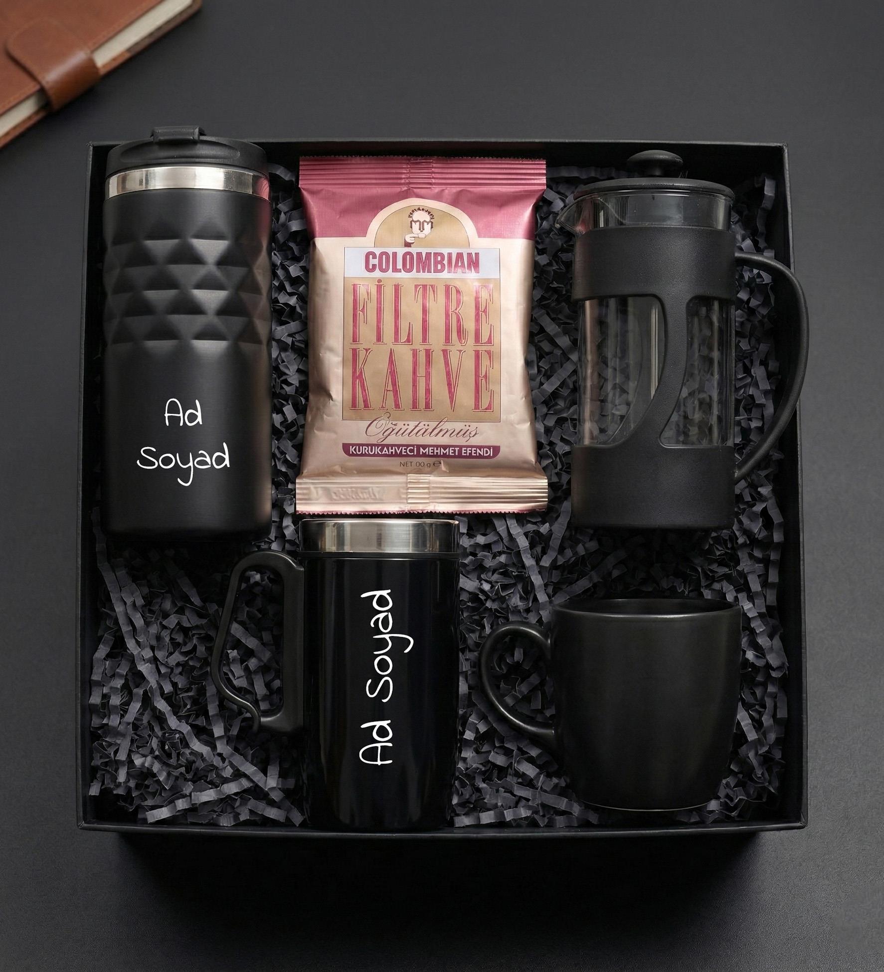 Kişiye Özel Geometrik Termos & Bardak Termos & French Press & Siyah Kupa & Filtre Kahve Hediye Seti
