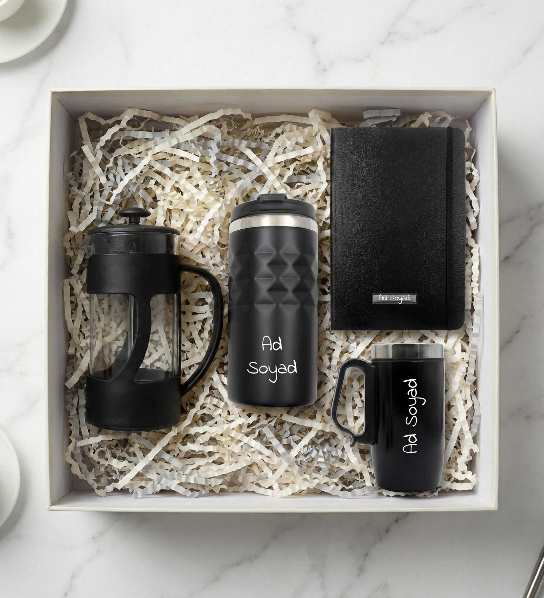 Kişiye Özel Geometrik Termos & Bardak Termos & Siyah Defter & French Press Hediye Seti
