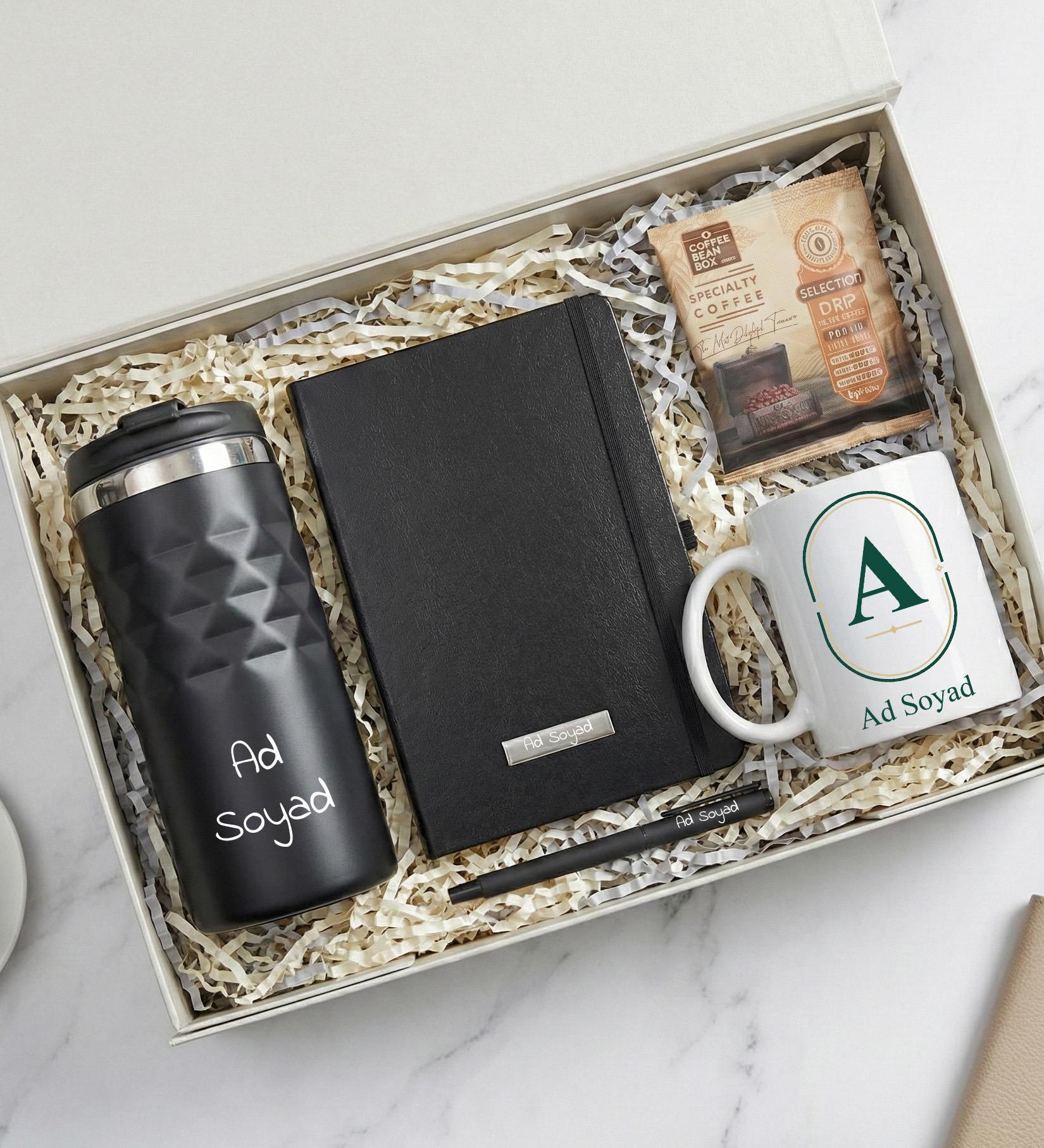 Kişiye Özel Geometrik Termos & Defter & Kalem & Baskılı Kupa & Pratik Filtre Kahve Hediye Seti