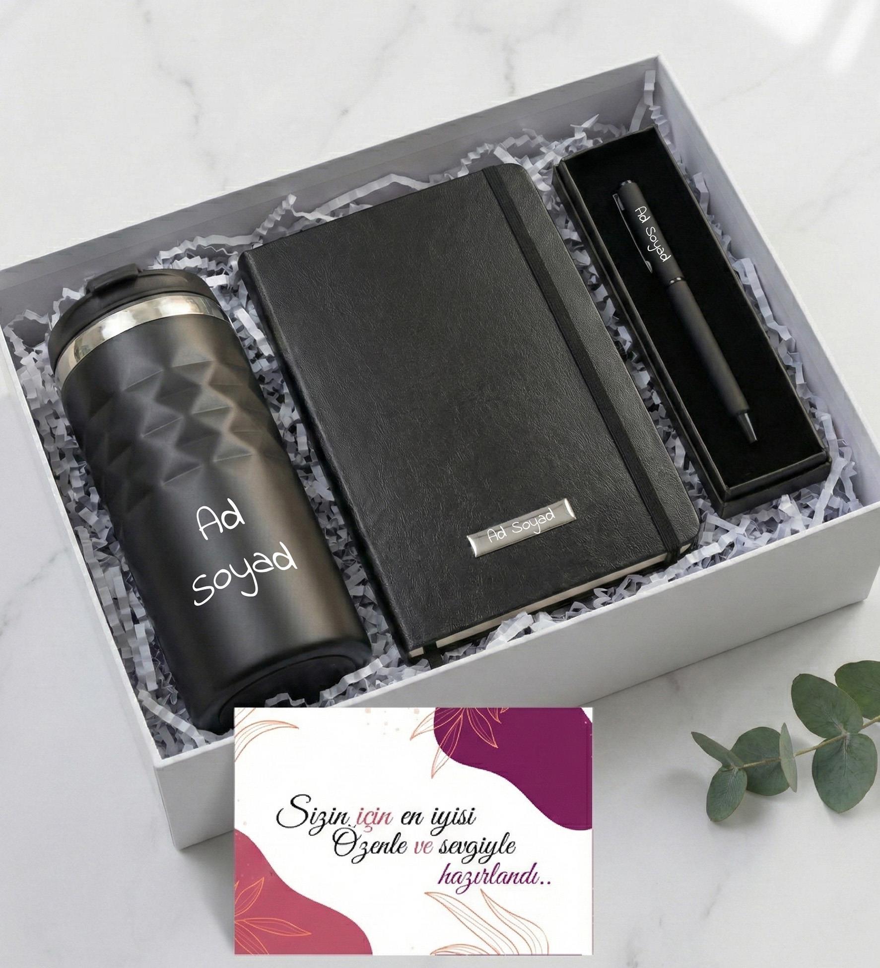 Kişiye Özel Geometrik Termos 300mL. & Siyah Defter & Roller Kalem Premium Ofis Hediye Seti