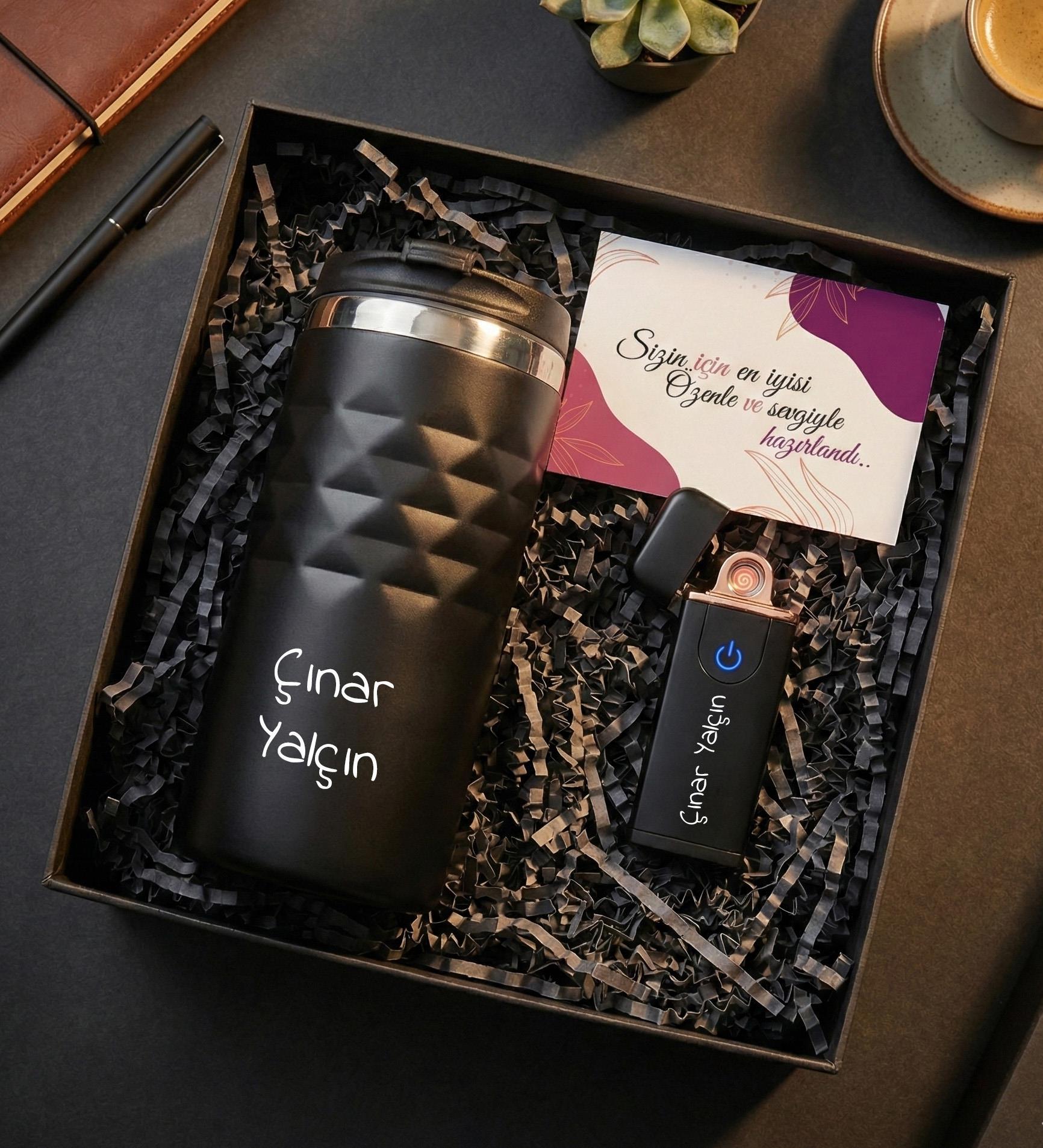 Kişiye Özel Geometrik Termos Bardak 300mL. & USB Alevsiz Elektrikli Çakmak & Not Hediye Seti - Siyah